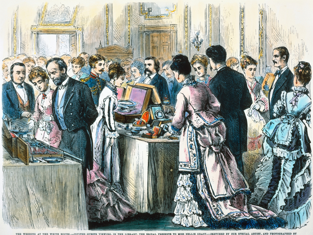 This is an illustration of guests inspecting the wedding presents given to Nellie Grant and Algernon Sartoris in 1874.