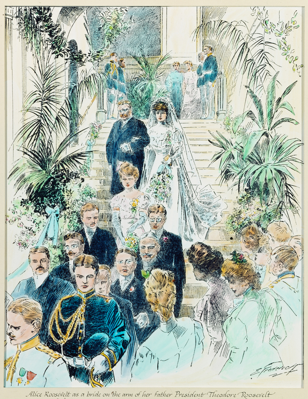 President Theodore Roosevelt escorts his daughter Alice Roosevelt down the Grand Staircase for her wedding in this color illustration tinted by P. Hall Baglie.