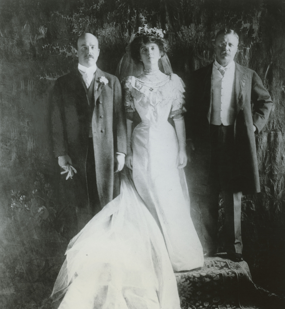 This portrait by Culver Pictures, Inc., shows Alice Roosevelt on her wedding day with her father, President Theodore Roosevelt, and her husband, Nicholas Longworth.