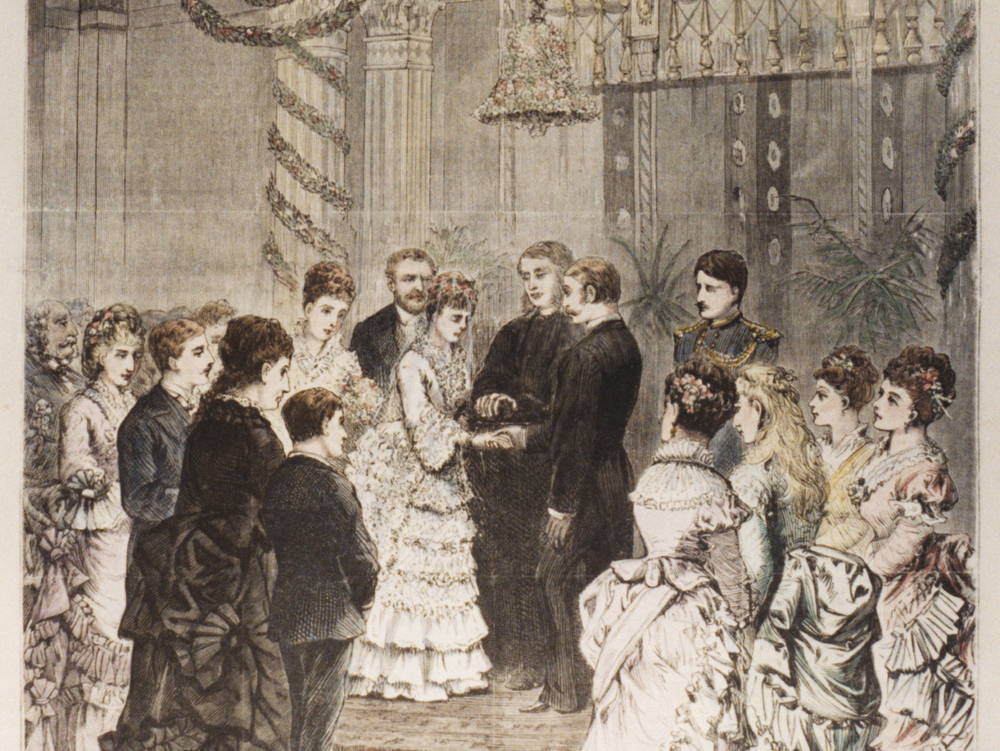 This hand-colored wooden engraving by illustrator Henry Ogden depicts the wedding of Ellen Wrenshall Grant to Algernon Sartoris on May 21, 1874 in the East Room of the White House. The engraving was published in Frank Leslie's Illustrated Newspaper on June 6, 1874.
