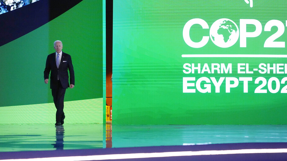 President Joe Biden arrives to speak at the COP27 U.N. Climate Summit, Friday, Nov. 11, 2022, at Sharm el-Sheikh, Egypt.