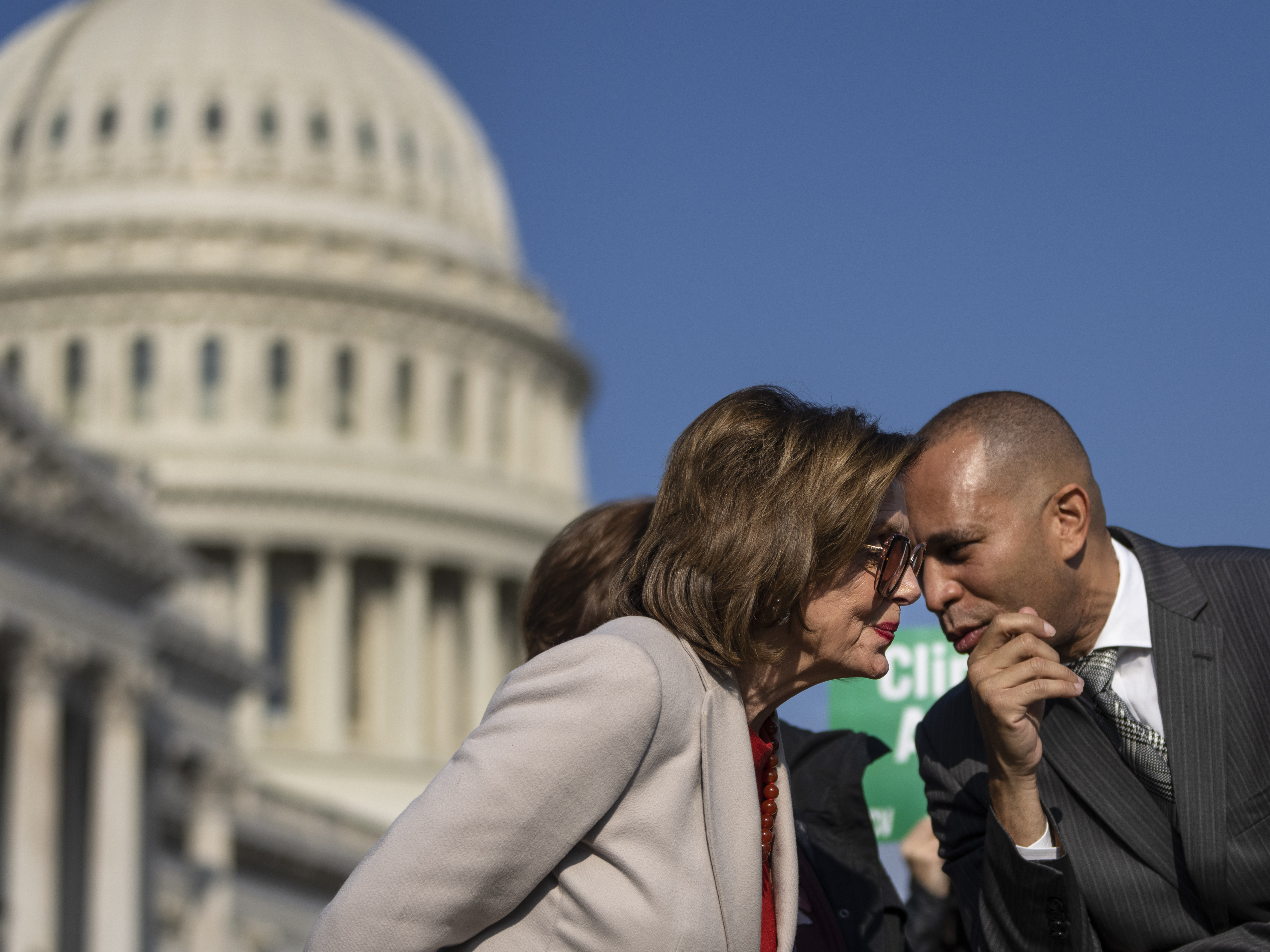 Speaker of the House Nancy Pelosi, D-Calif., speaks with Rep. Hakeem Jeffries, D-N.Y., during a news conference with House Democrats about the Build Back Better legislation, outside of the Capitol in 2021. (Getty Images)