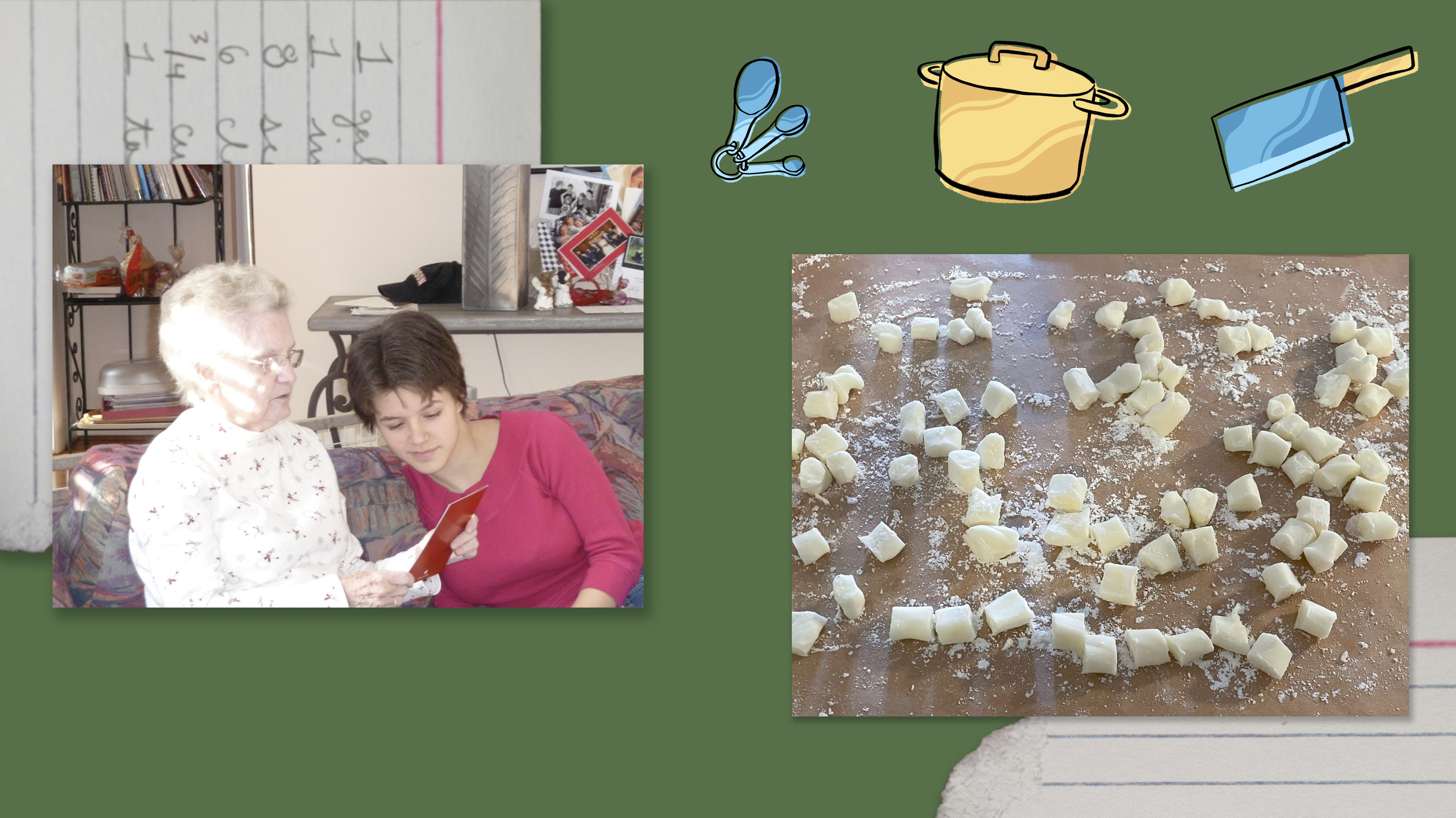 Left: Jordan Harrison with her grandmother, Judy Greene. Right: Freshly made butter mints. (Collage by NPR)