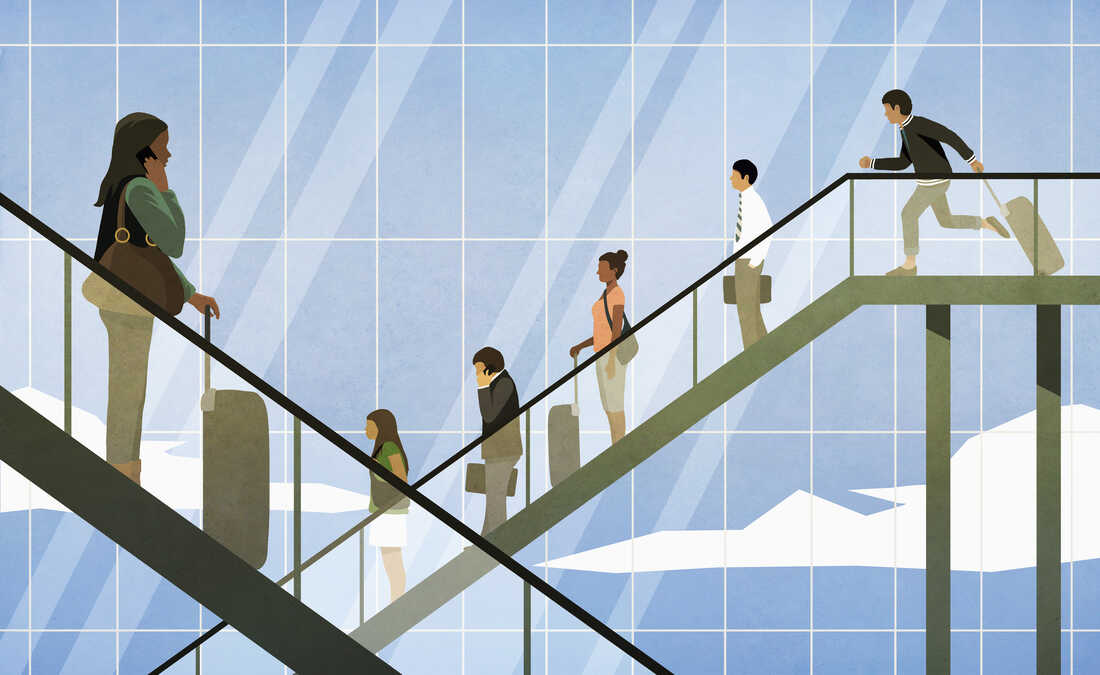 Illustration of people riding up and down escalators in a busy airport, traveling during a busy travel season and trying to make their flights.