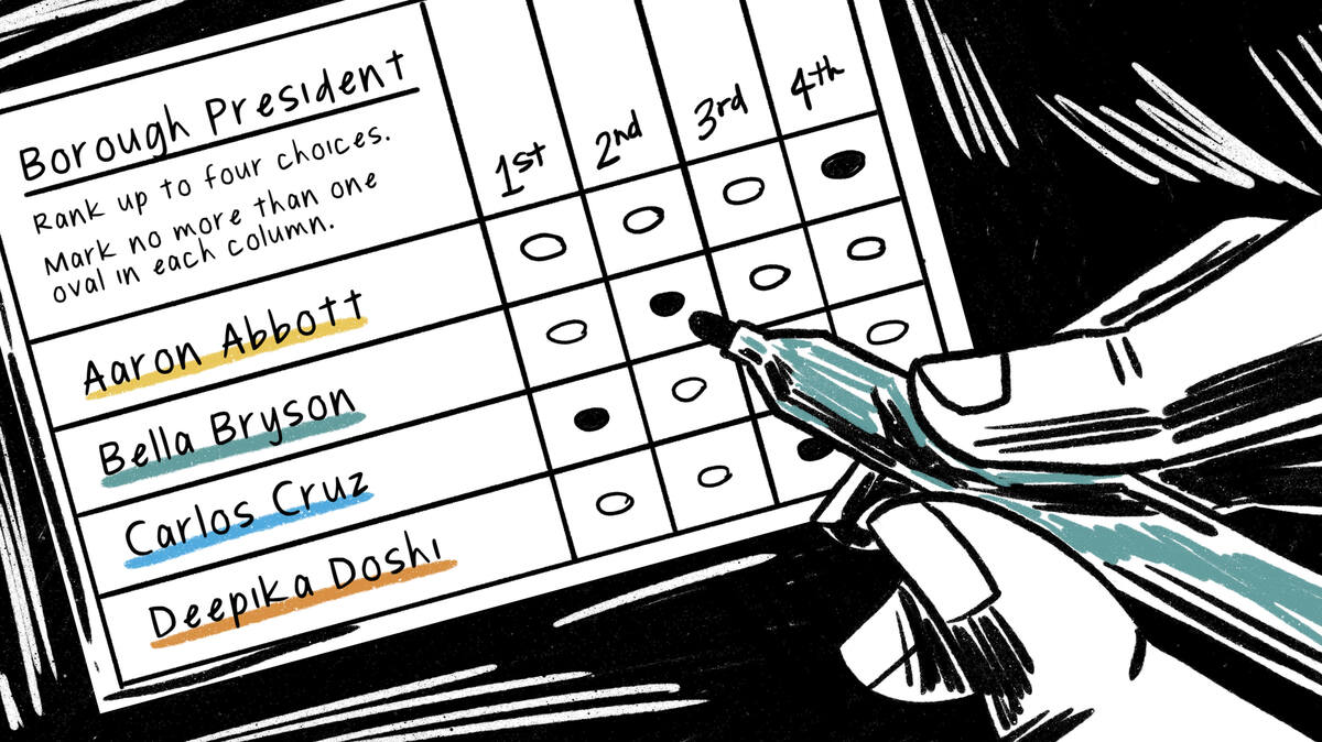 Illustration of a hand filling out a ranked selection ballot for the mock election for county president.  Carlos Cruz was ranked first, Bella Bryson second, Deepika Doshi third and Aaron Abbott fourth.