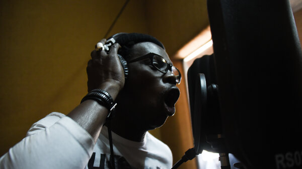 Babacar Niang, known as Matador, raps at a recording studio at Africulturban's center in Pikine, Senegal.