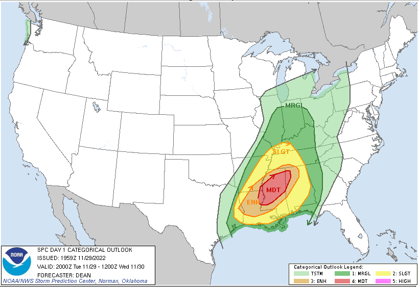 Weather forecasters are warning of severe thunderstorms and tornadoes across parts of the South. (National Weather Service)
