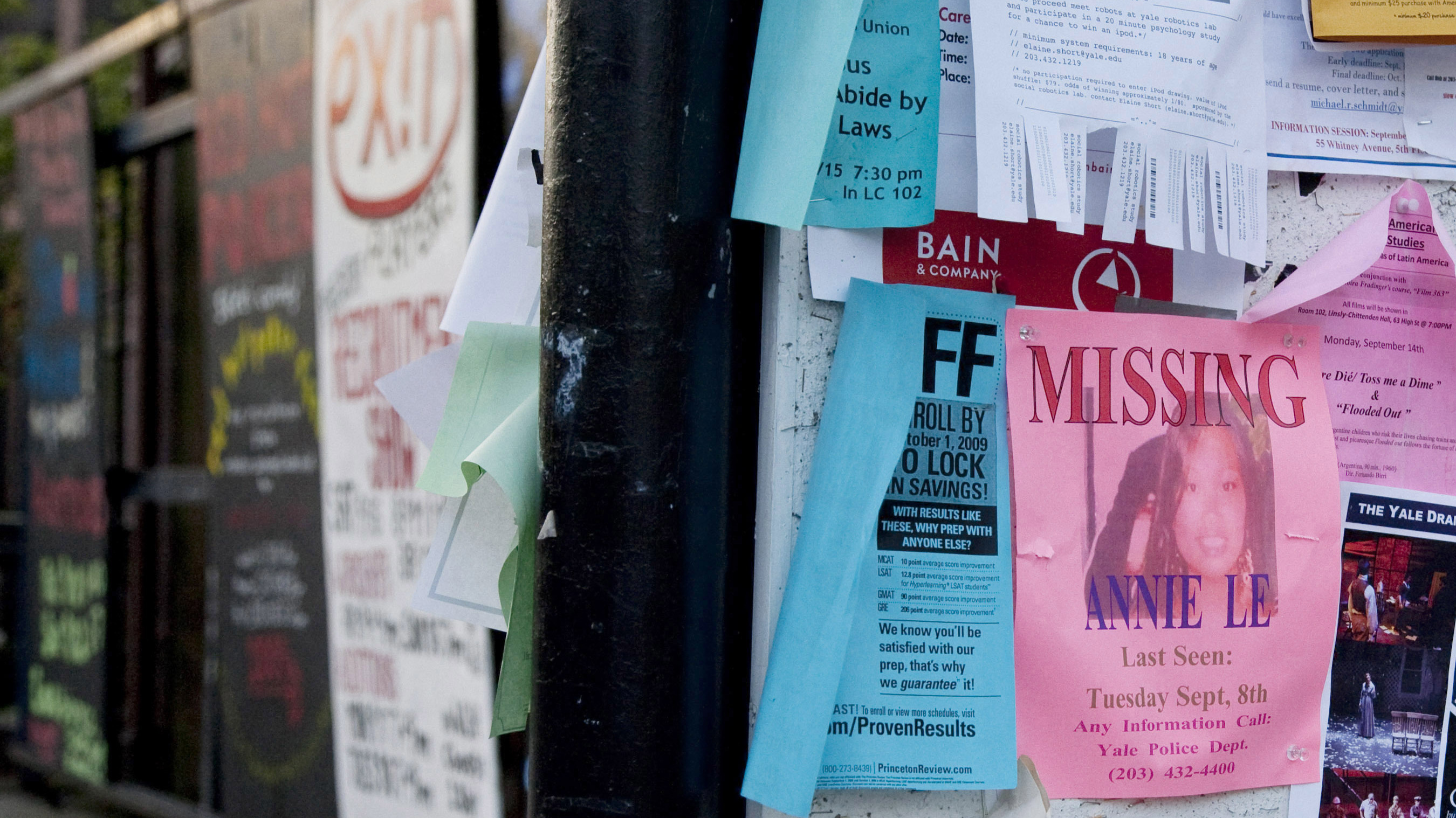 A missing persons flyer, bearing the name of Annie Le, shown here in New Haven, Conn., in September 2009. This year, the Columbia Journalism Review (CJR) launched a new tool that allows users to openly share their "press value" with the world if they were to go missing.
