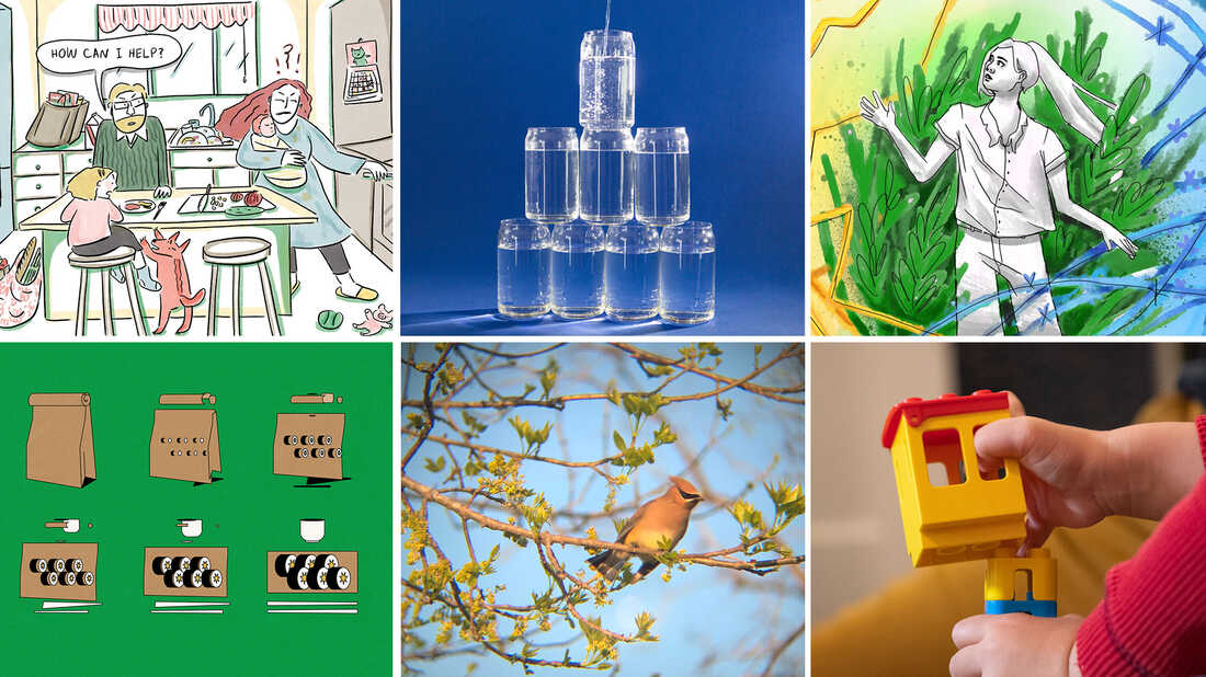 A grid of six images from NPR Life Kit's top stories of 2022. From left: An illustration showing a couple who are struggling over an uneven division of labor; eight water glasses stacked in a pyramid against a blue background; an illustrated woman finding her way through vegetation; A brown lunch bag transforming into sushi; A bird in a tree; and a toddlers hand playing with duplo lego blocks.