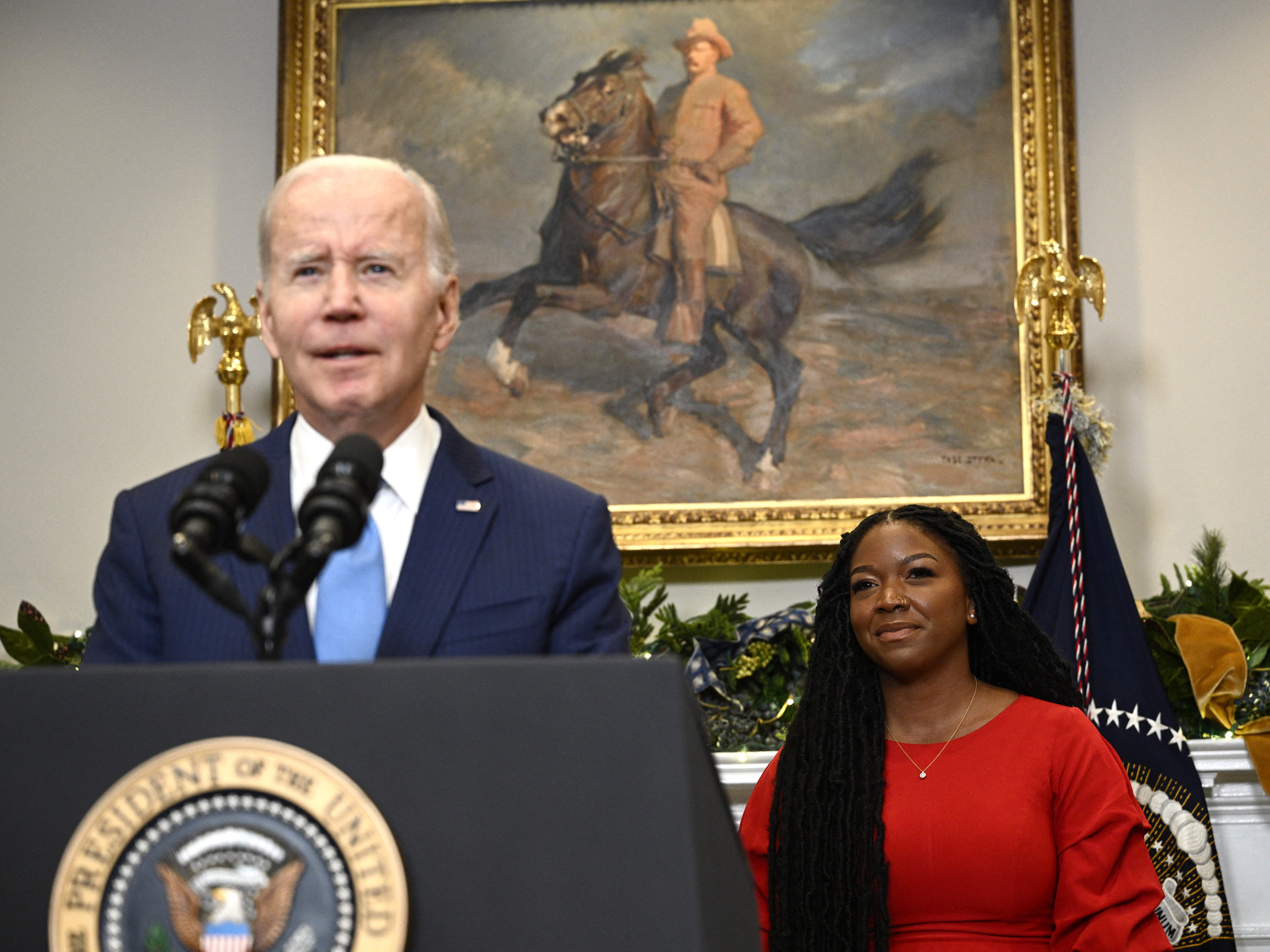 Cherelle Griner (R), spouse of US women's basketball player Brittney Griner, looks on as US President Joe Biden, announces the release of Brittney Griner. (AFP via Getty Images)