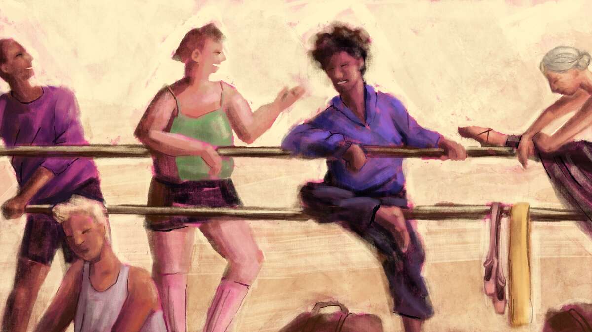 An illustration of five people at a ballet barre. From left to right: a dark-skinned man leans on the barre. A person with short blonde hair sits in front. A slightly overweight white woman gestures at her friend, a black woman who has her leg propped up on the barre. An older lady with greying hair stretches her leg on the barre.