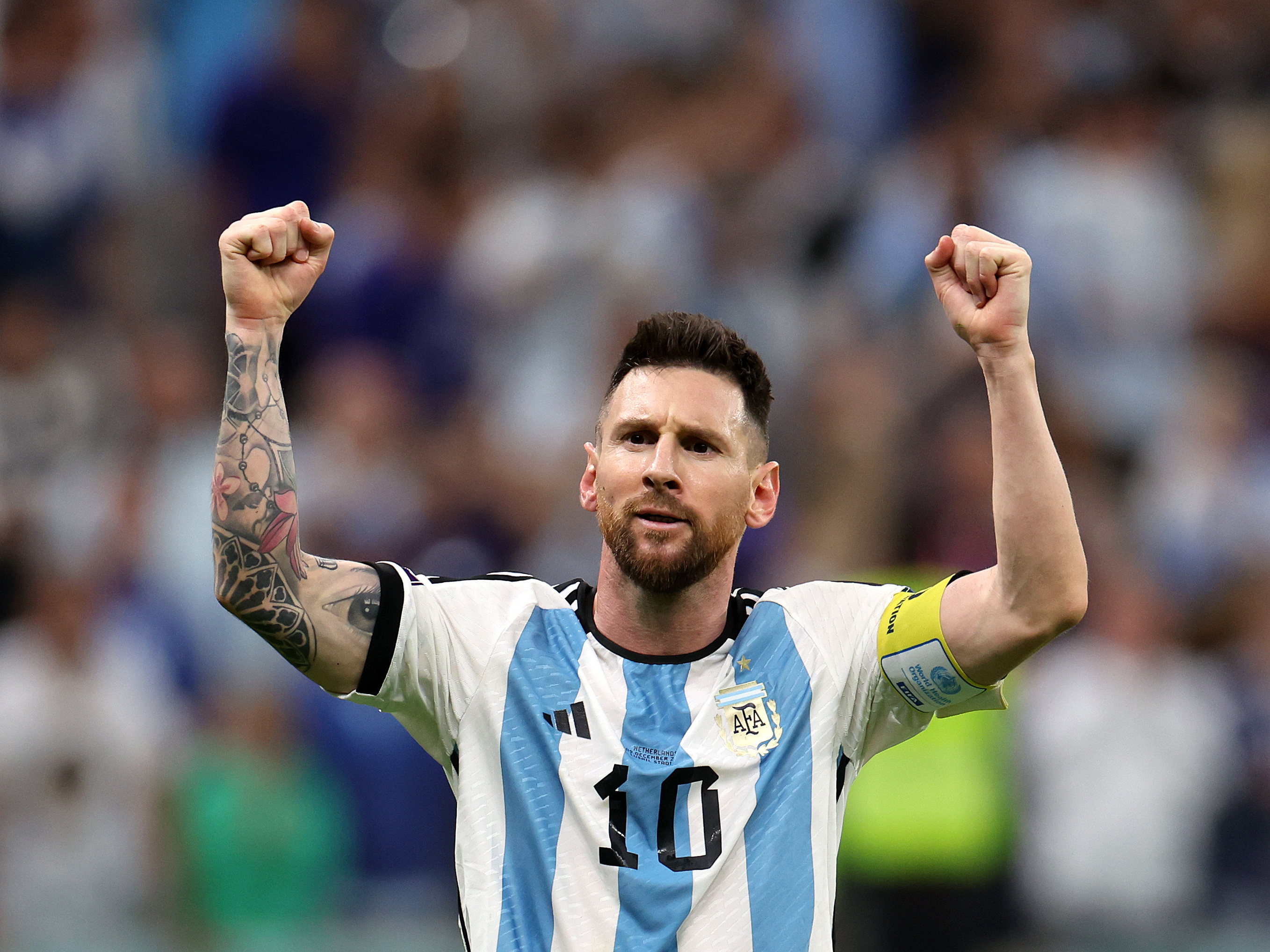 Lionel Messi and Argentina celebrate after defeating the Netherlands at the  2022 FIFA World Cup