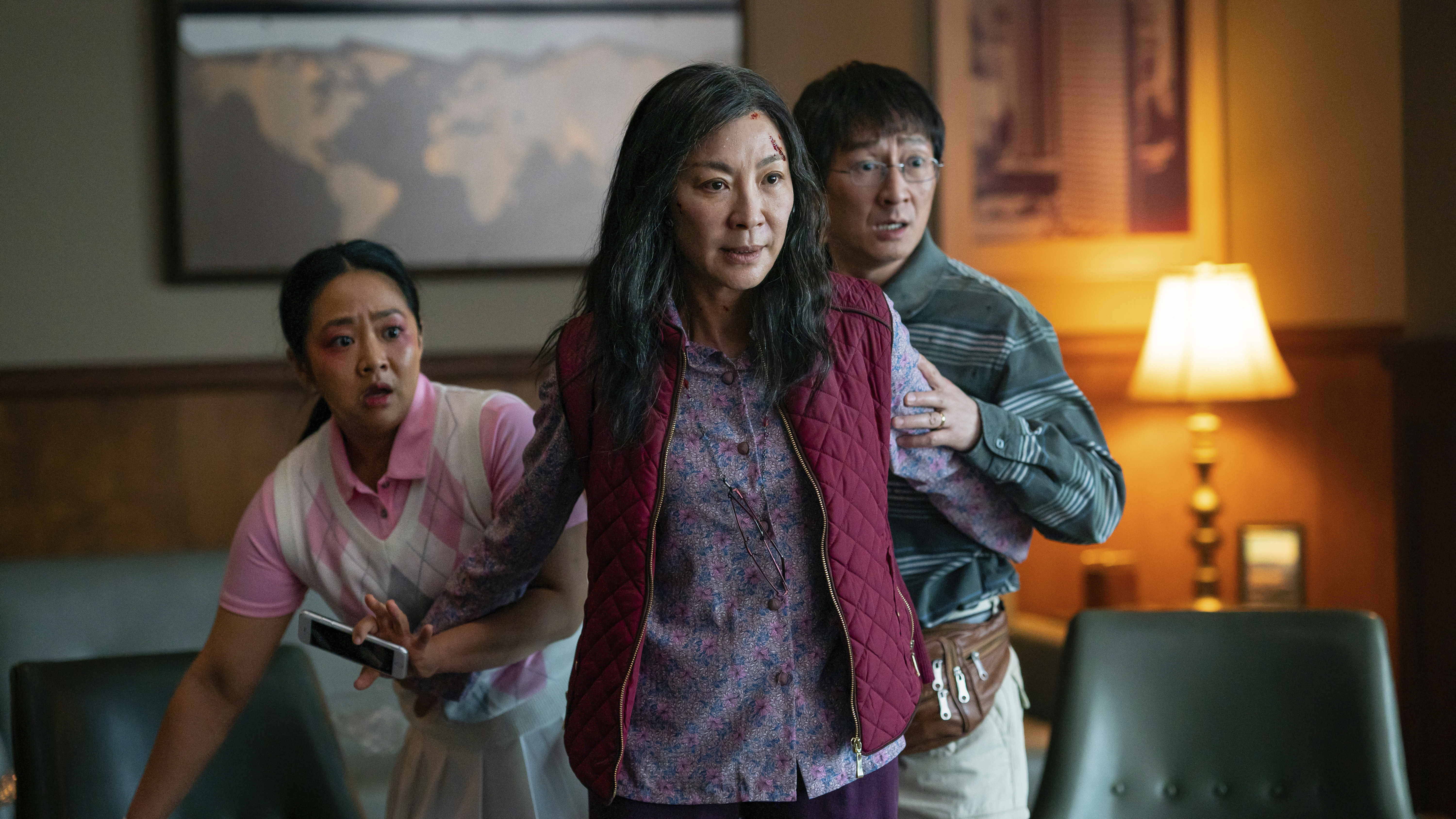 This image released by A24 Films shows, from left, Stephanie Hsu, Michelle Yeoh and Ke Huy Quan in a scene from Everything Everywhere All At Once.