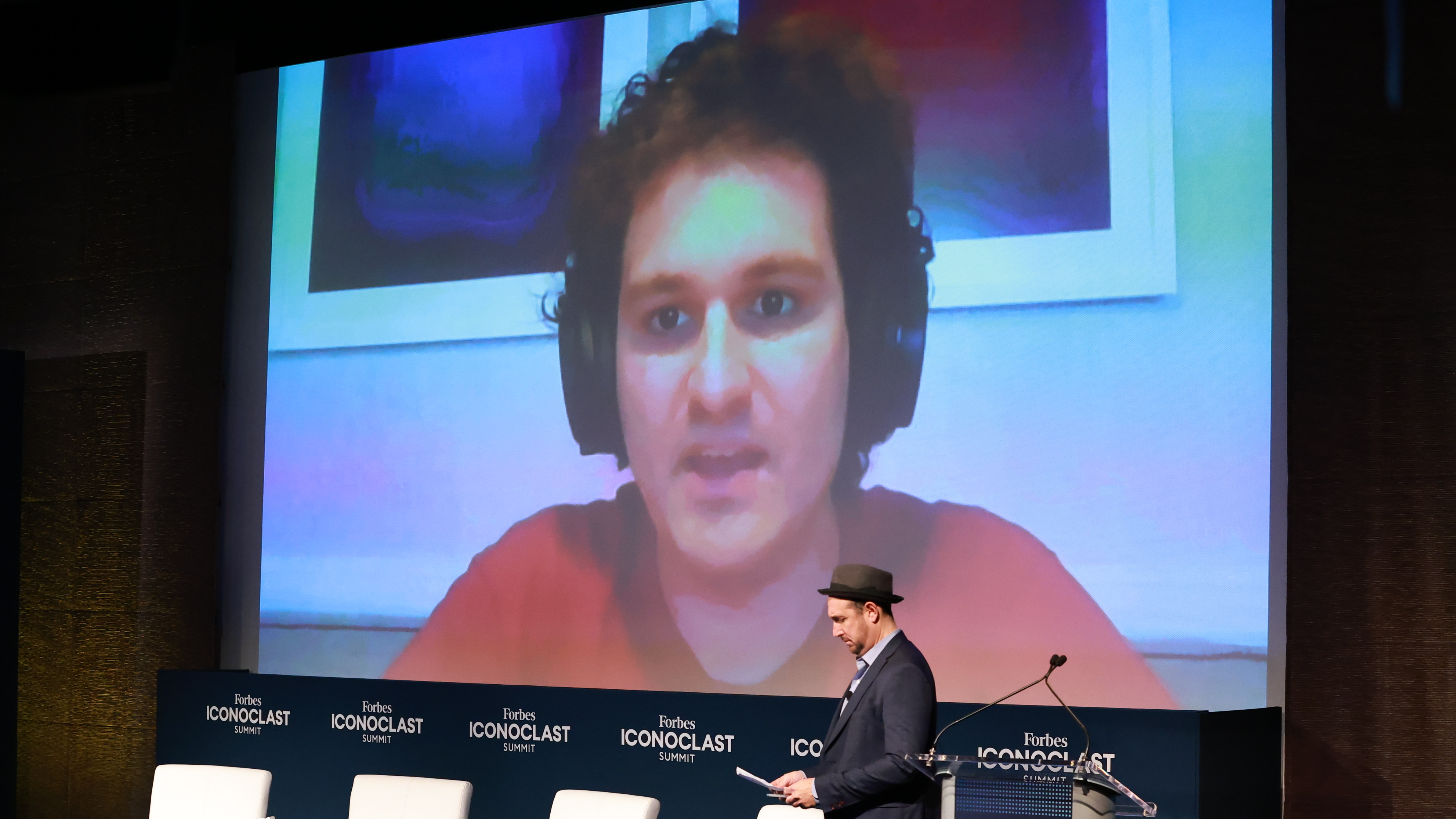 Sam Bankman-Fried attends via video call during the 2022 Forbes Iconoclast Summit at New York Historical Society on November 03, 2022. One week and one day later, his FTX empire had filed for bankruptcy