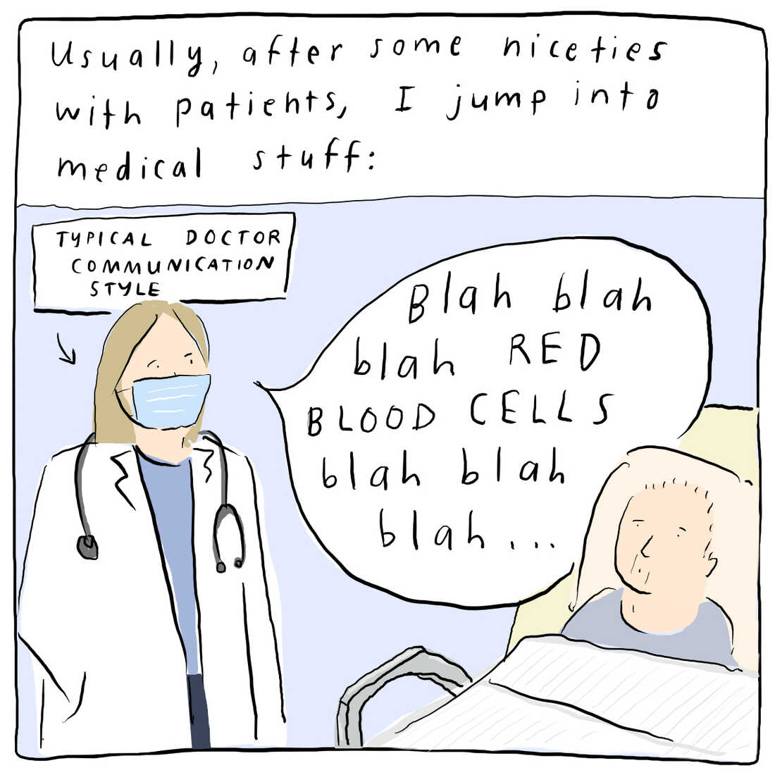 Usually, after some niceties with patients, I jump into medical stuff. Farris is standing next to a bed-ridden patient. A label points to her that reads "typical doctor communication style". She says to the patient, "Blah blah blah red blood cells blah blah blah".