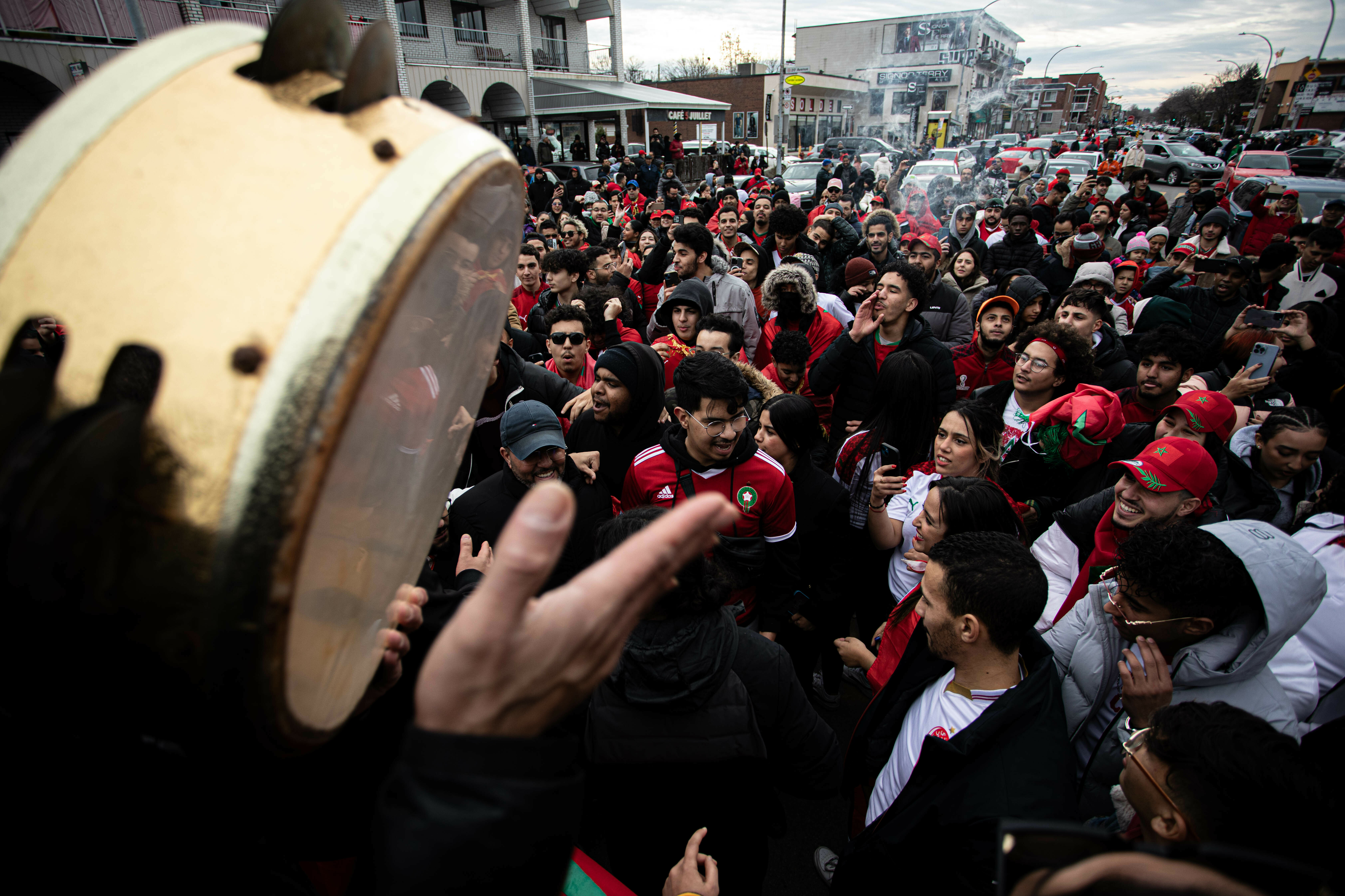 Fans of Morocco's World Cup team rushed to the streets to celebrate their win over Belgium. on Nov. 27. Montreal is the home of Canada's largest Moroccan community. (Abdelali Essaouis)