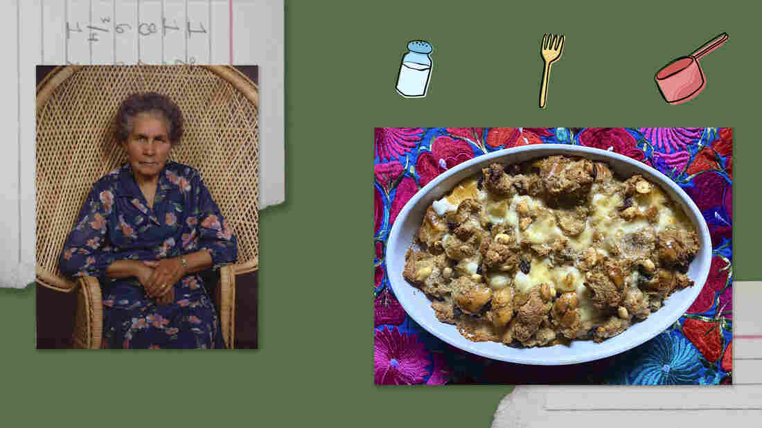 Left: A photo of Juanita MORE!'s grandmother. Right: A dish of capirotada sits on a colorful tablecloth.