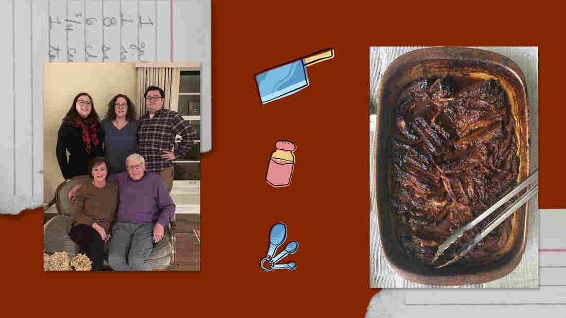 Left: Marissa Dates (clockwise from upper left), her mother, Ellen, her brother Nathan, and her grandparents Bud and Diane. Right: Marissa's brisket.