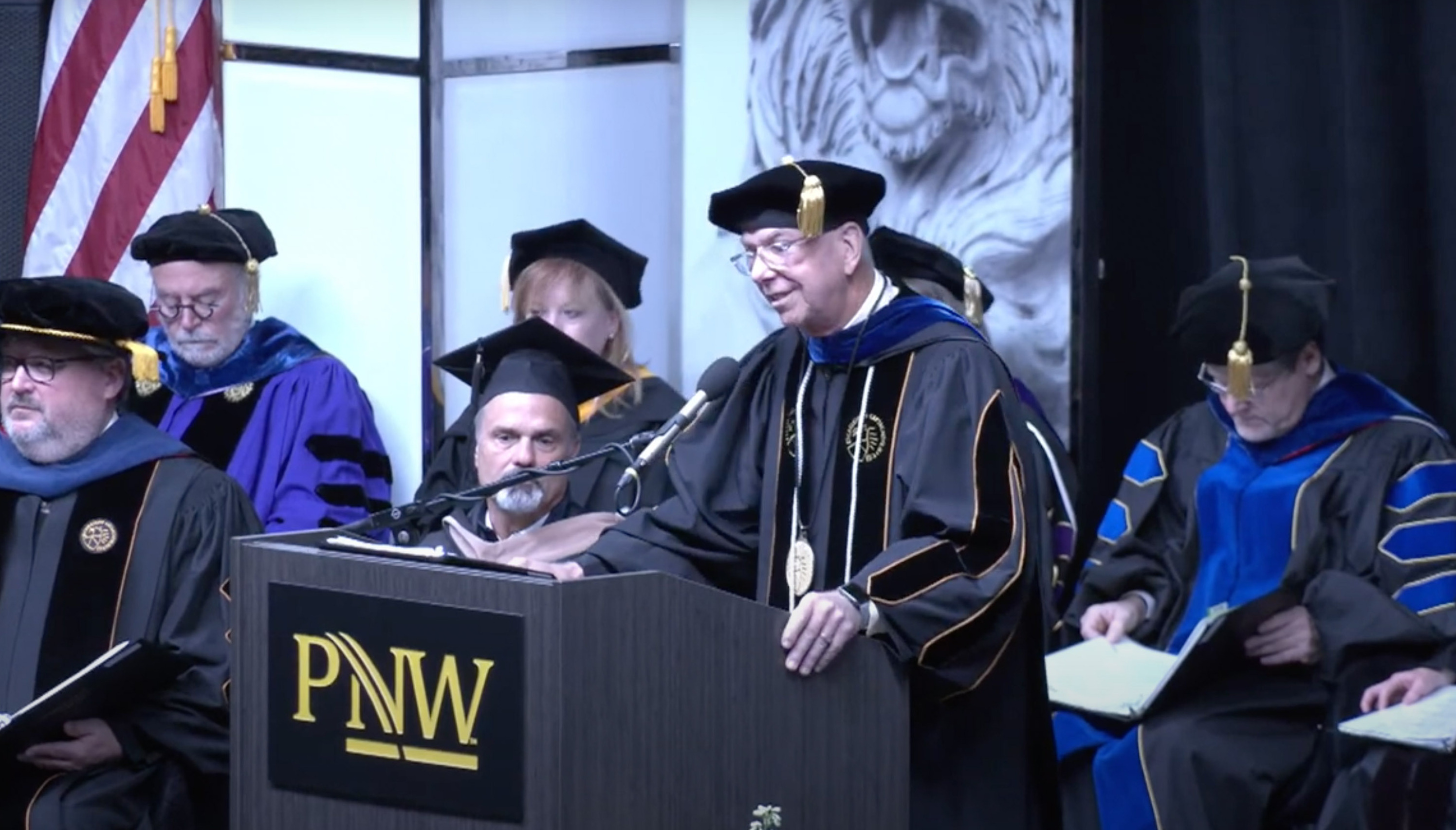 Purdue University Northwest Chancellor Thomas L. Keon mocked Asian languages in a commencement speech Saturday. (Purdue Northwest/Screenshot by NPR)