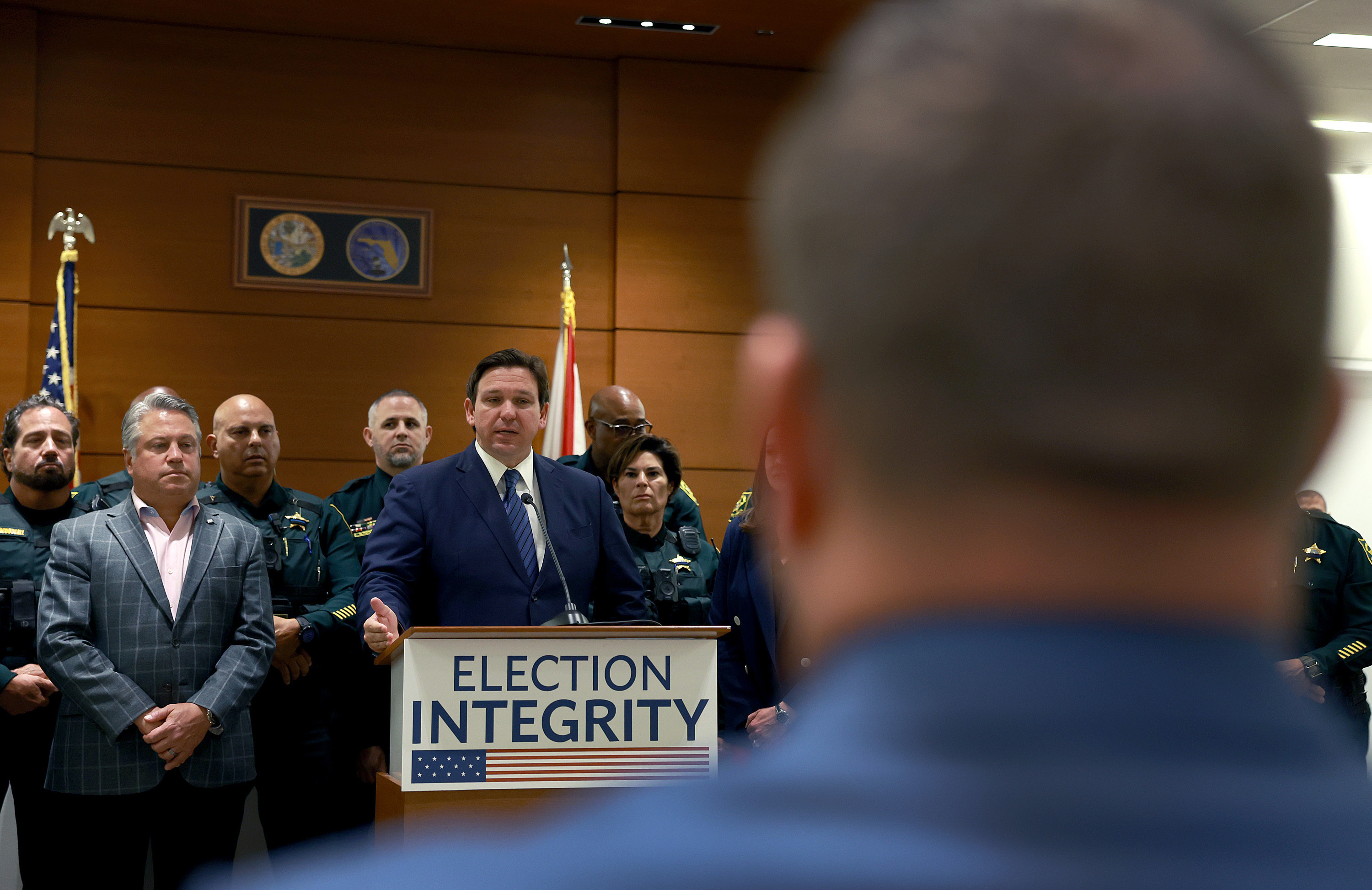 Florida Republican Gov. Ron DeSantis speaks during an Aug. 18 news conference to announce that the state's new Office of Election Crimes and Security was in the process of arresting 20 individuals across the state for voter fraud. (Getty Images)