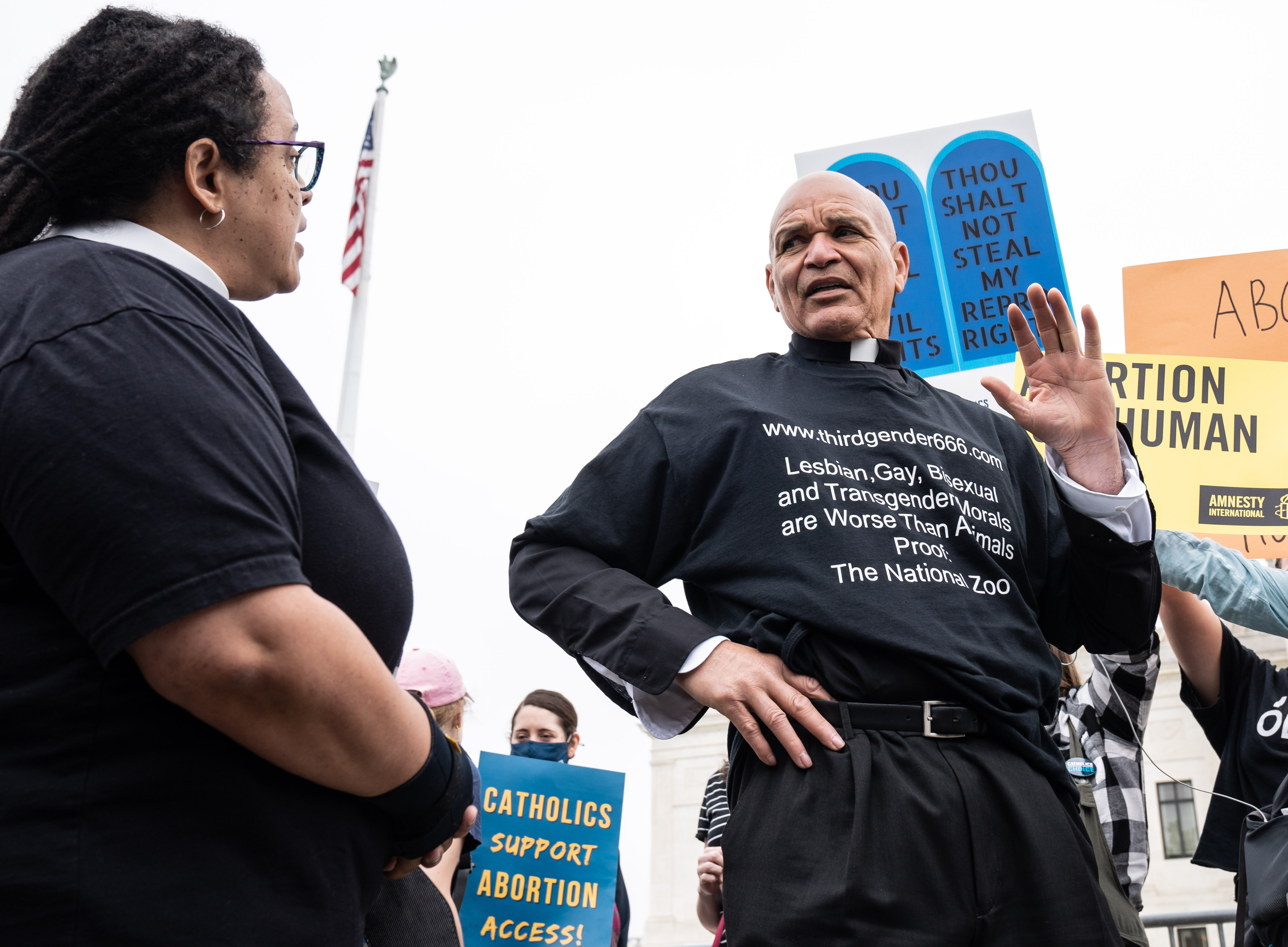 On May 3, 2022 abortion rights supporter Rev. Dr. Sofia Betancourt has a debate with abortion rights opponent Minister Leroy Swailes at the gathering at the Supreme Court after the purported draft leaked showing Supreme Court ruling overturning Roe vs Wade was leaked. Full story here.