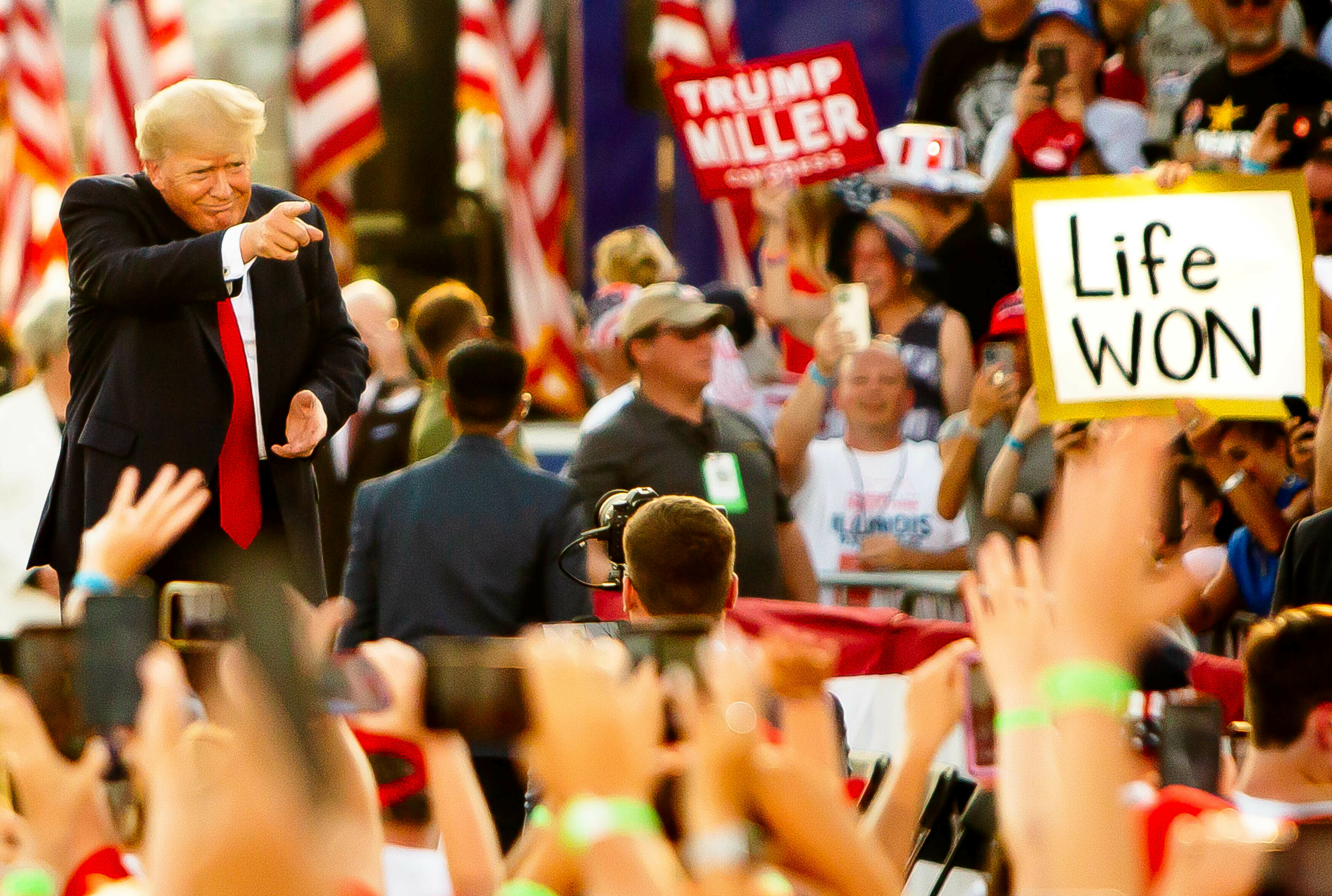 Former President Donald Trump on June 25, 2022, at a rally in Mendon, Ill. "Your boundless love, sacrifice and devotion has finally been rewarded in full," Trump said regarding the overturning of Roe v. Wade the day after the decision. Full story here.