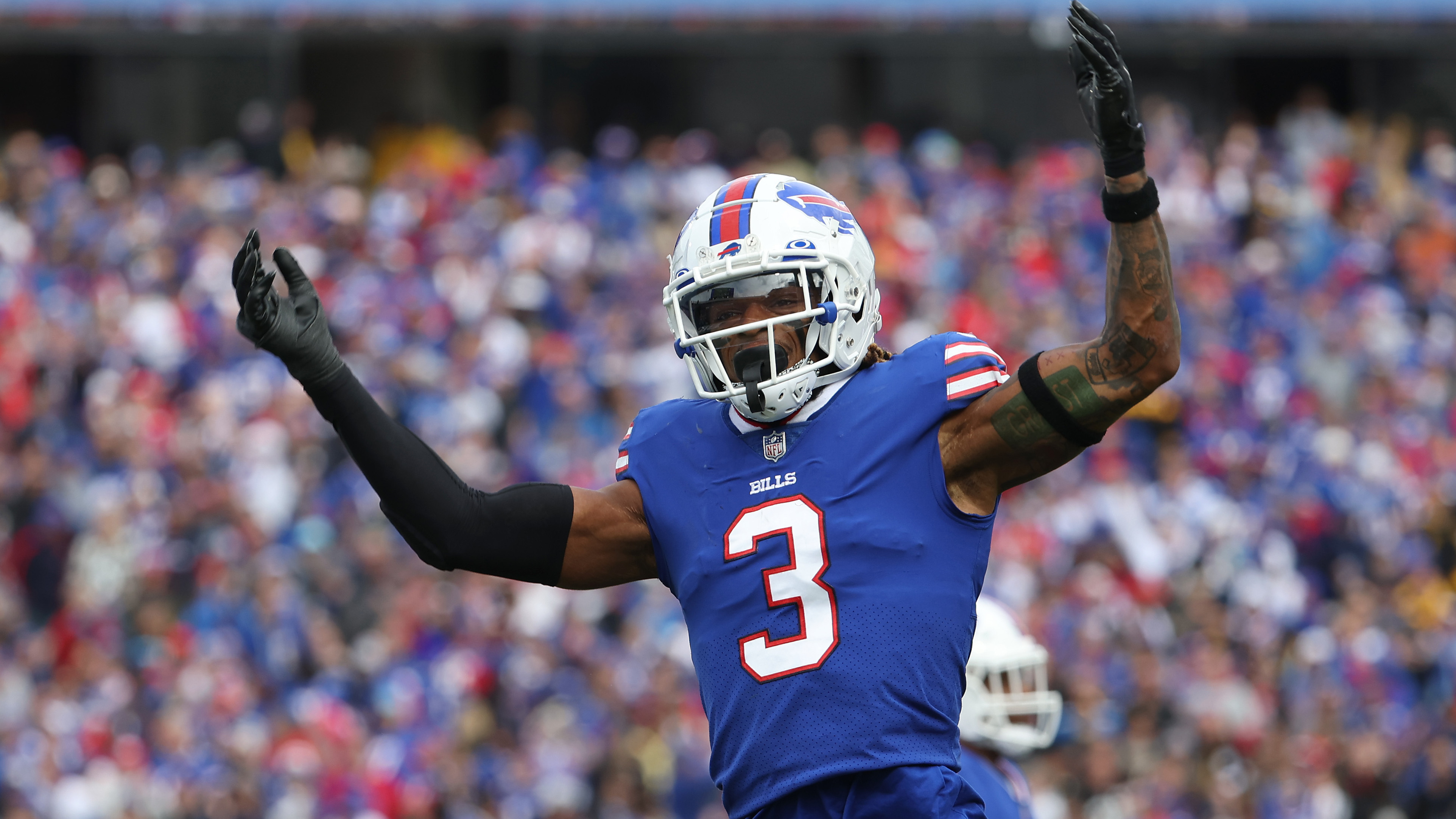 Damar Hamlin of the Buffalo Bills celebrates during a game this season against the Pittsburgh Steelers in New York.