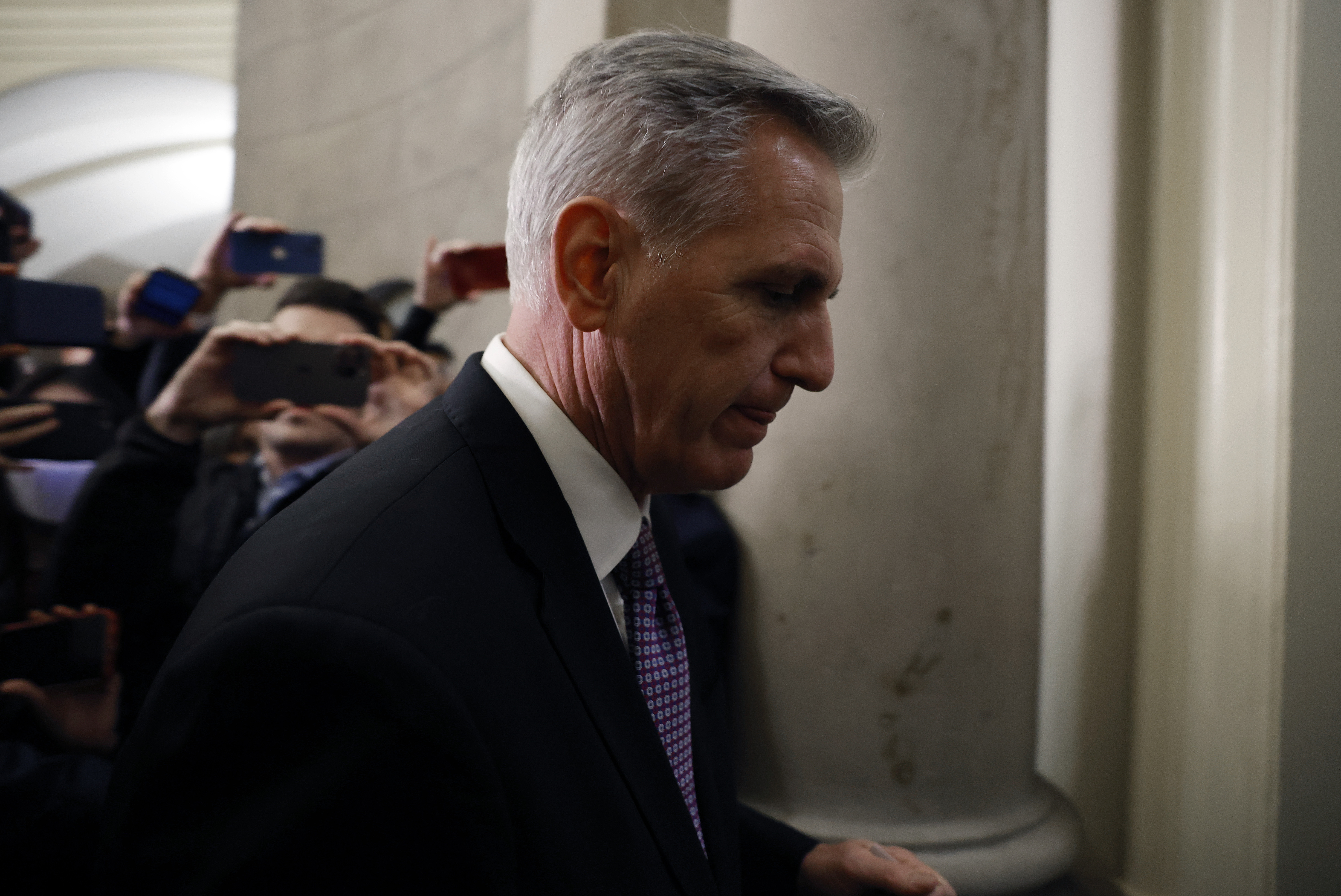 Rep. Kevin McCarthy, R-Calif., returns to his office following another disappointing day for the House majority leader. McCarthy has so far failed to become speaker after six rounds of votes. (Getty Images)