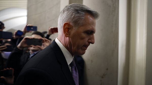 Rep. Kevin McCarthy, R-Calif., returns to his office following another disappointing day for the House majority leader. McCarthy has so far failed to become speaker after six rounds of votes.