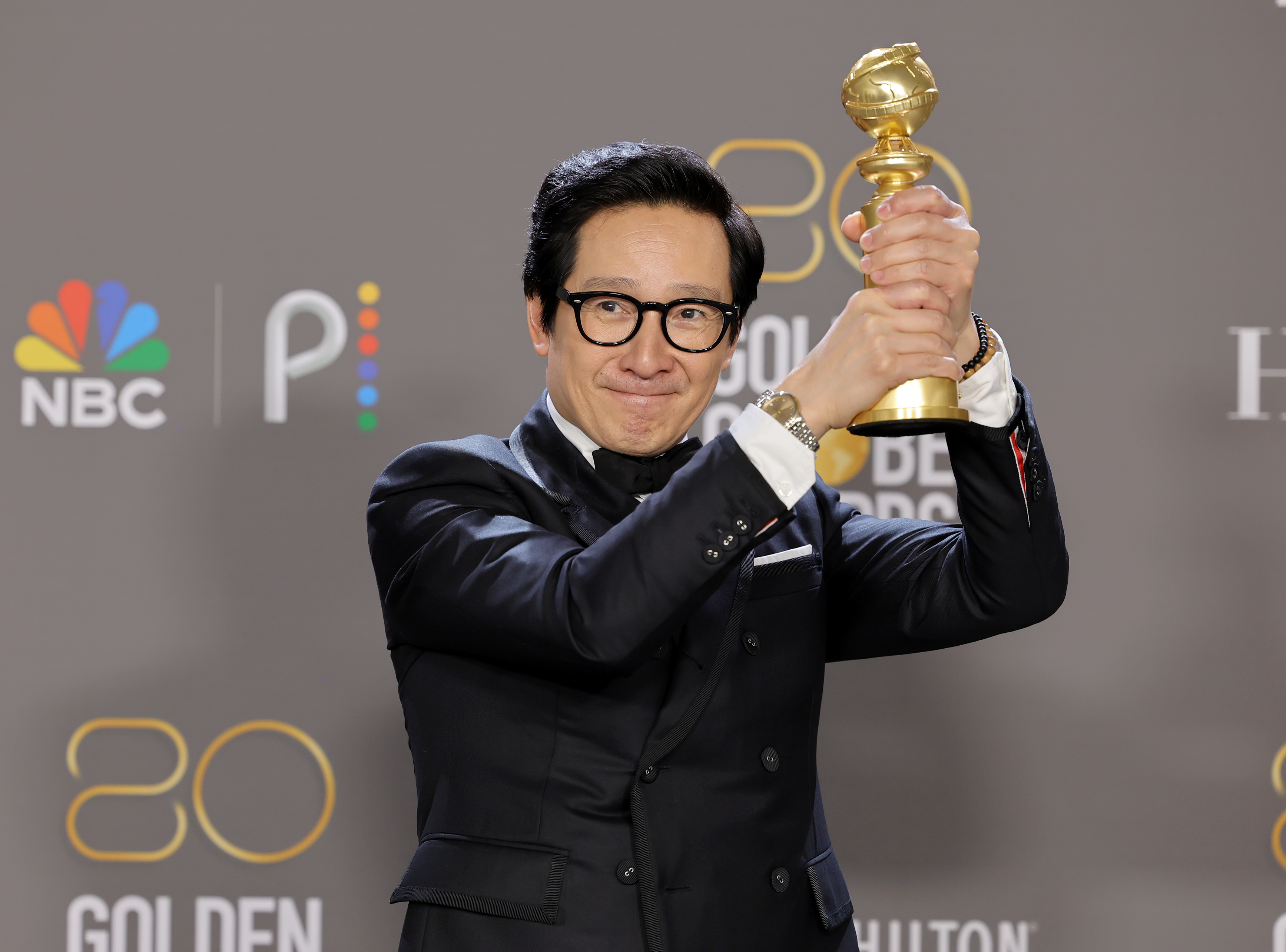 Ke Huy Quan poses with the Best Supporting Actor in a Motion Picture award for <em>Everything Everywhere All at Once</em> during the 80th Annual Golden Globe Awards at The Beverly Hilton on Jan. 10, 2023 in Beverly Hills, Calif. (Getty Images)