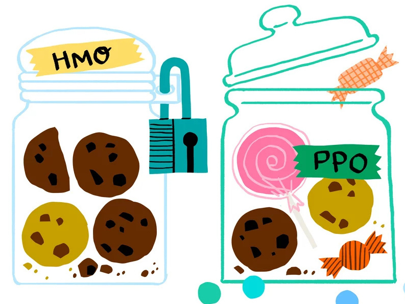 An illustration of cookie jars labeled &quot;HMO&quot; and &quot;PPO.&quot;