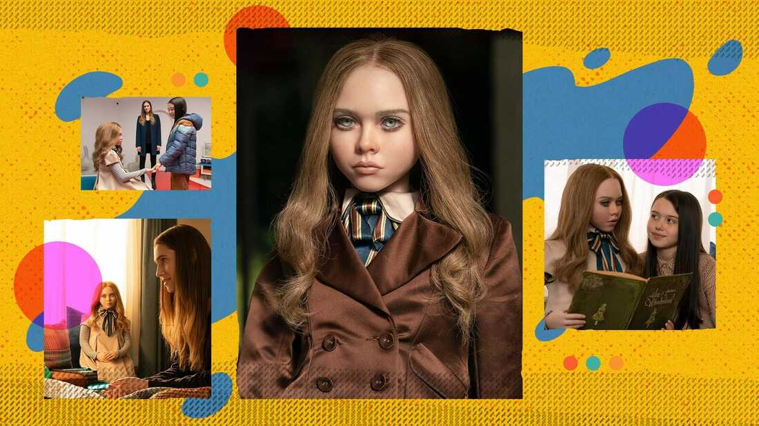 Stills from M3GAN, a film about a pretty murderous doll.