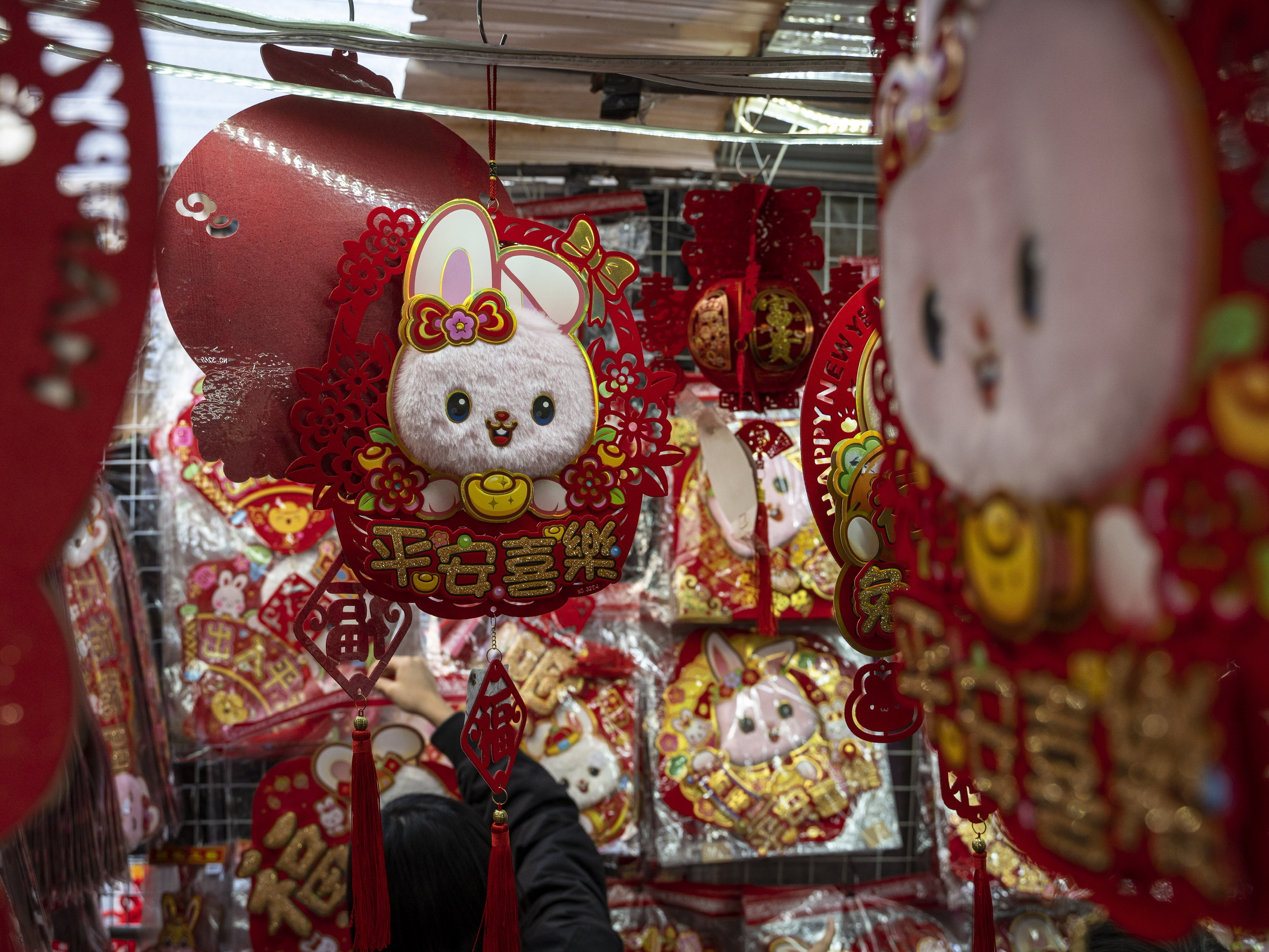 Decorations for Lunar New Year are on display at a shop in Hong Kong. Celebrations start this weekend as millions welcome the year of the rabbit. (NurPhoto via Getty Images)