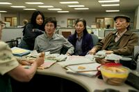 Stephanie Hsu, Ke Huy Quan, Michelle Yeoh and James Hong in <em>Everything Everywhere All at Once</em>, which led the Oscar nominations Tuesday.