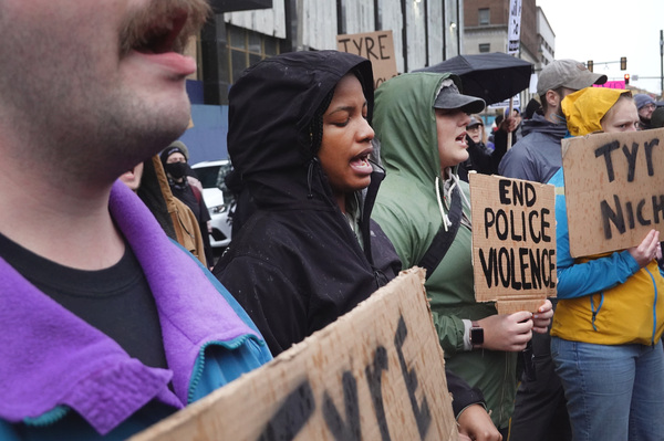 Protesters march through downtown Memphis in response to the death of Tyre Nichols earlier this month. Video footage of Nichols being arrested and beaten by police was released to the public on Friday.