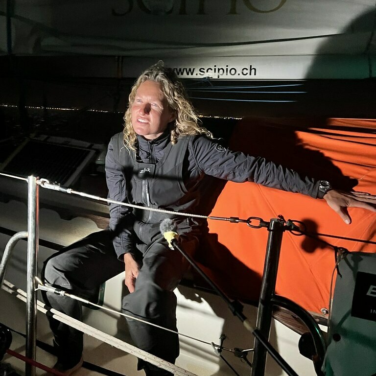 South African sailor Kirsten Neuschafer, the only woman in the 2022 Golden Globe Race. All but three of her 15 competitors in the grueling months-long competition have been forced to drop out. (GGR/2022)