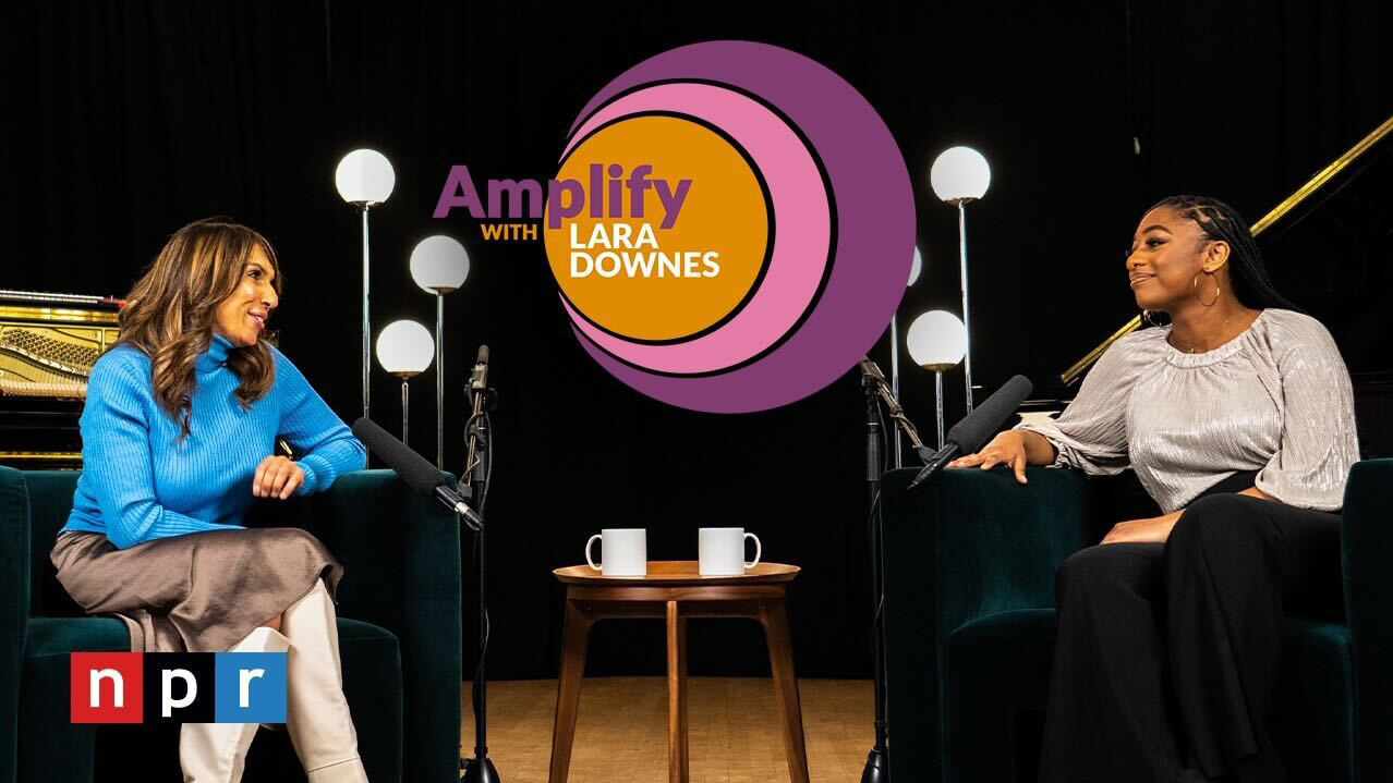 Host Lara Downes (left) talks with the young, Grammy-nominated jazz sensation Samara Joy. (NPR)