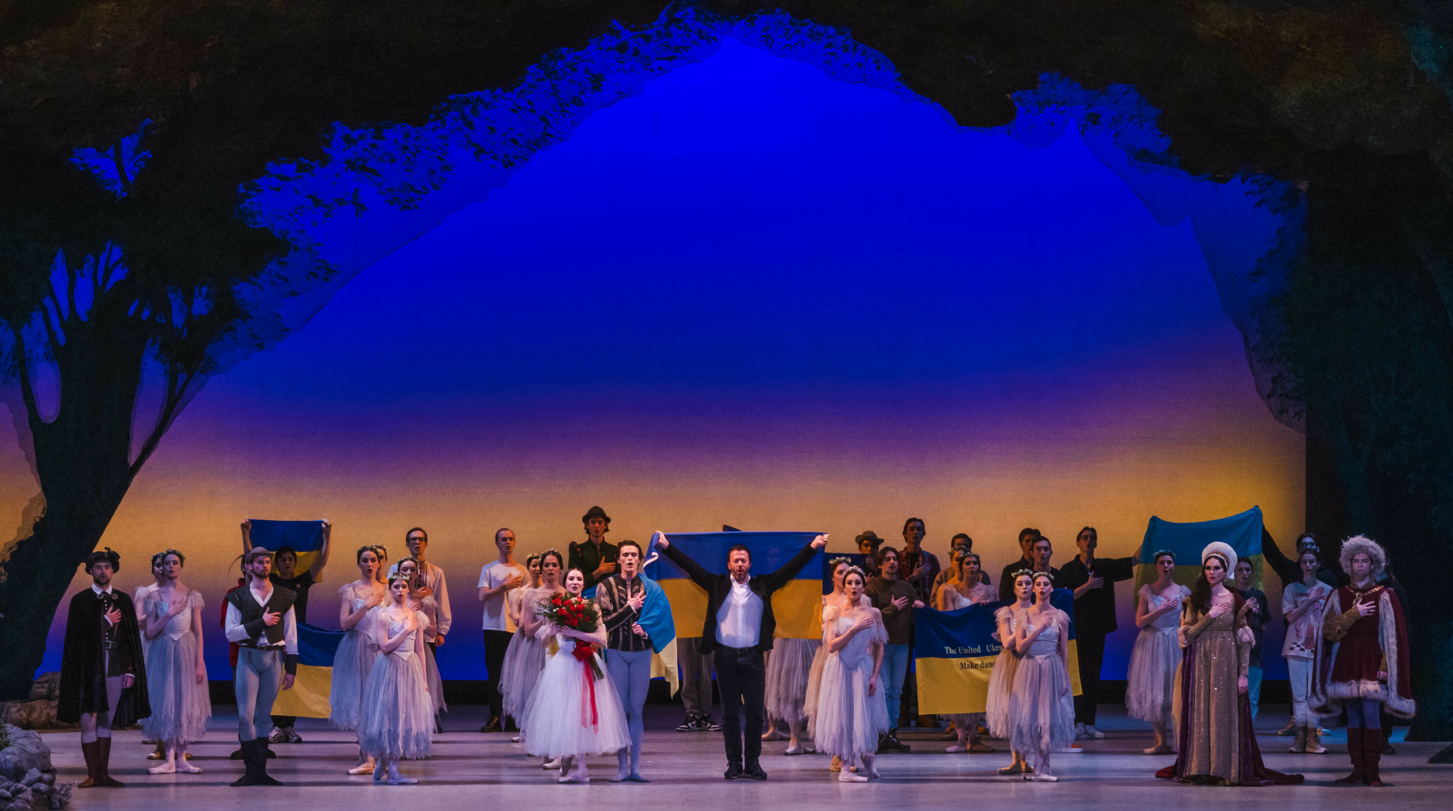 Choreographer Alexei Ratmansky appears on stage with the United Ukrainian Ballet after their production of Giselle at the Kennedy Center.