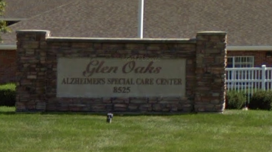 The sign for Glen Oaks Alzheimer's Special Care Center is seen on Google Earth. The facility pronounced a living woman dead and is being fined $10,000. (Google Earth/Screenshot by NPR)