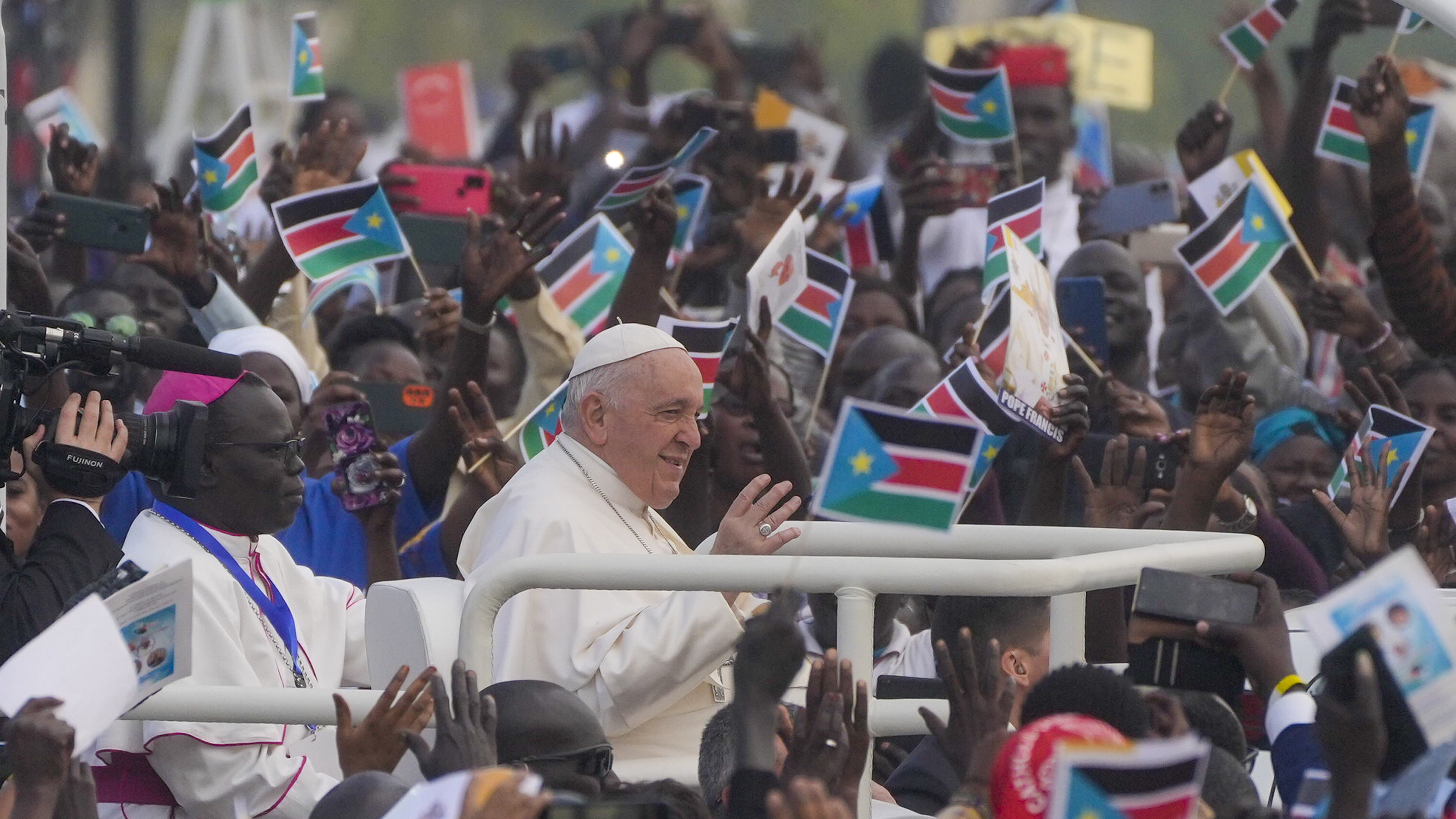 Pope Francis arrives to celebrate mass at the John Garang Mausoleum in Juba, South Sudan, Sunday, Feb. 5, 2023. Francis is in South Sudan on the second leg of a six-day trip that started in Congo, hoping to bring comfort and encouragement to two countries that have been riven by poverty, conflicts and what he calls a "colonialist mentality" that has exploited Africa for centuries.