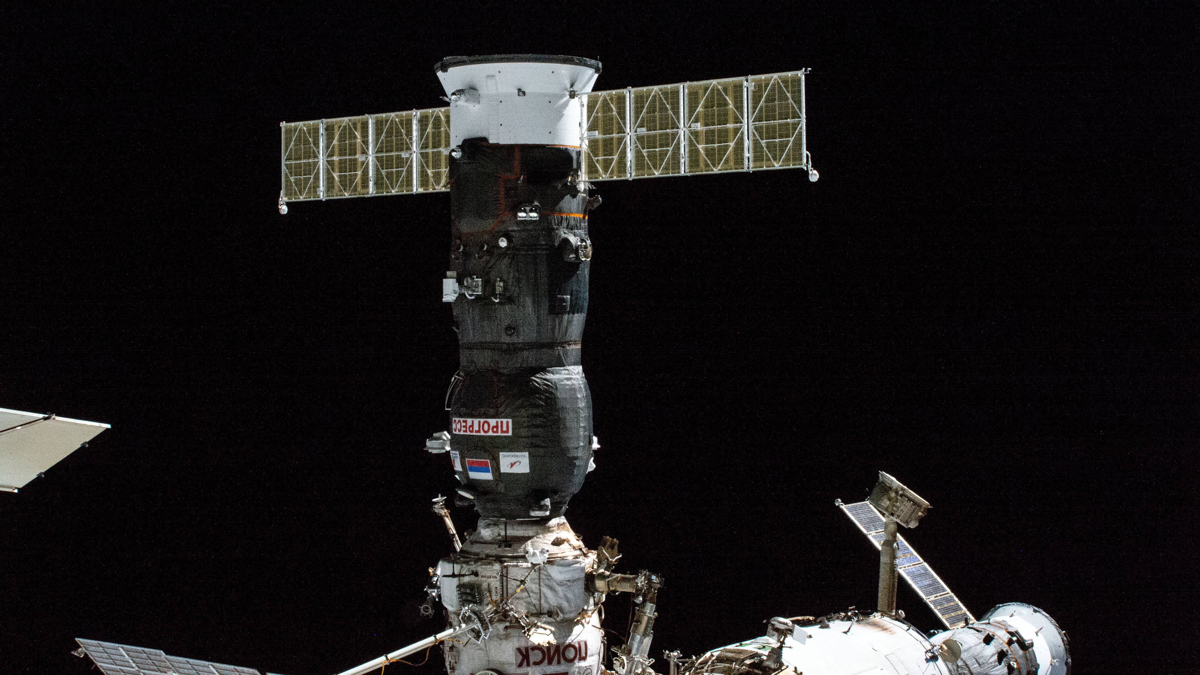 The Russian Progress MS-21 cargo craft is pictured on Oct. 28, 2022, shortly after docking at the International Space Station. On Saturday, the Russian space corporation said the spacecraft lost cabin pressure.
