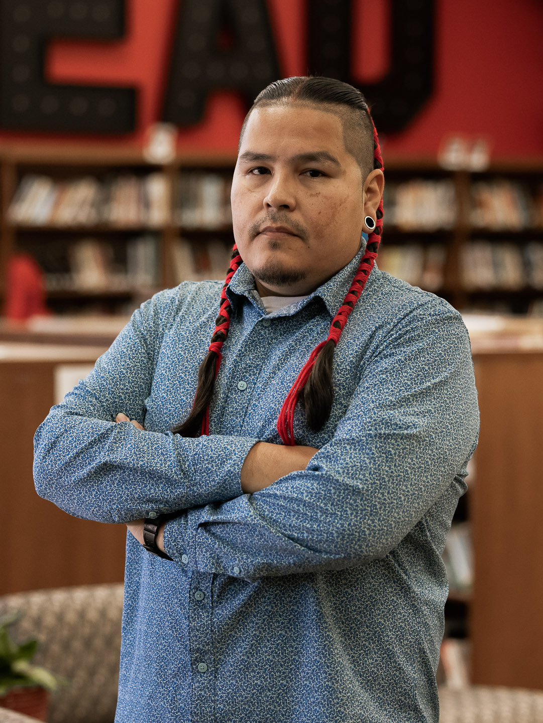 Benjamin Blackstar teaches art at Riverside Indian School. He also attended school here as a student, along with his siblings.