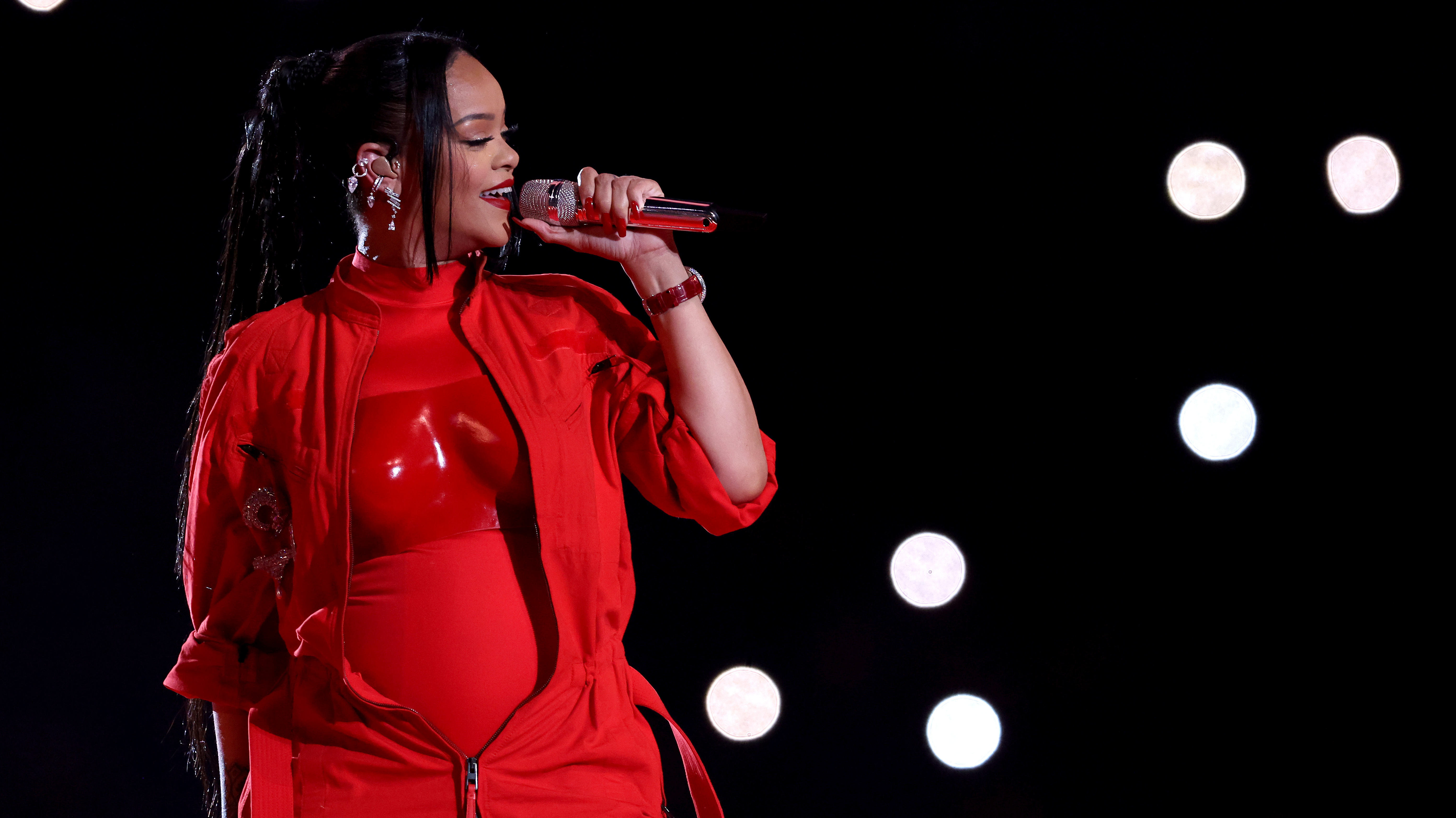 Rihanna performs onstage during Super Bowl LVII. (Getty Images)