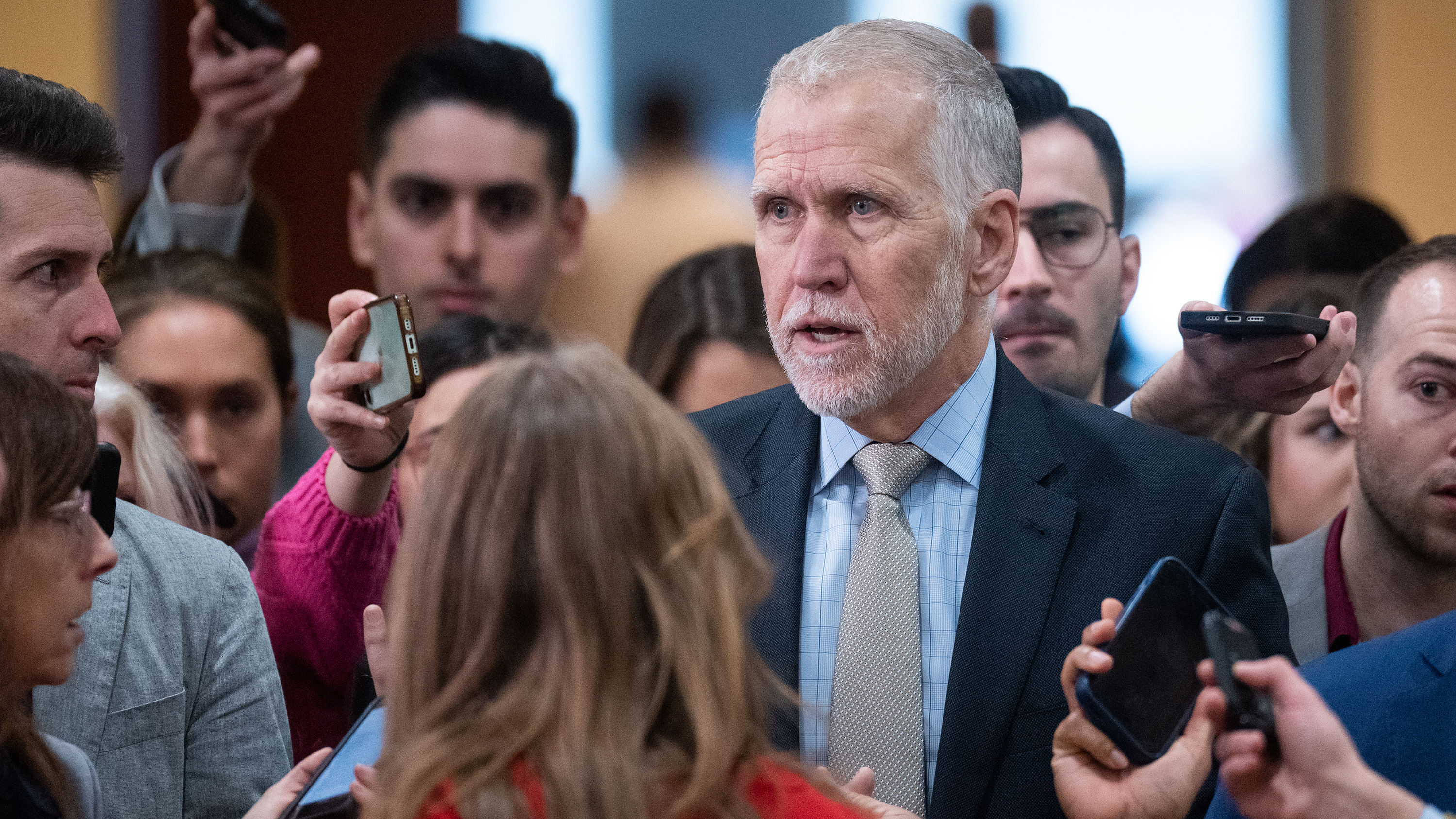 Sen. Thom Tillis, R-N.C., speaks to reporters after the Senate classified briefing on the three unidentified objects shot down by the U.S. military over Alaska, Canada and Lake Huron, in the Capitol on Tuesday, February 14, 2023.