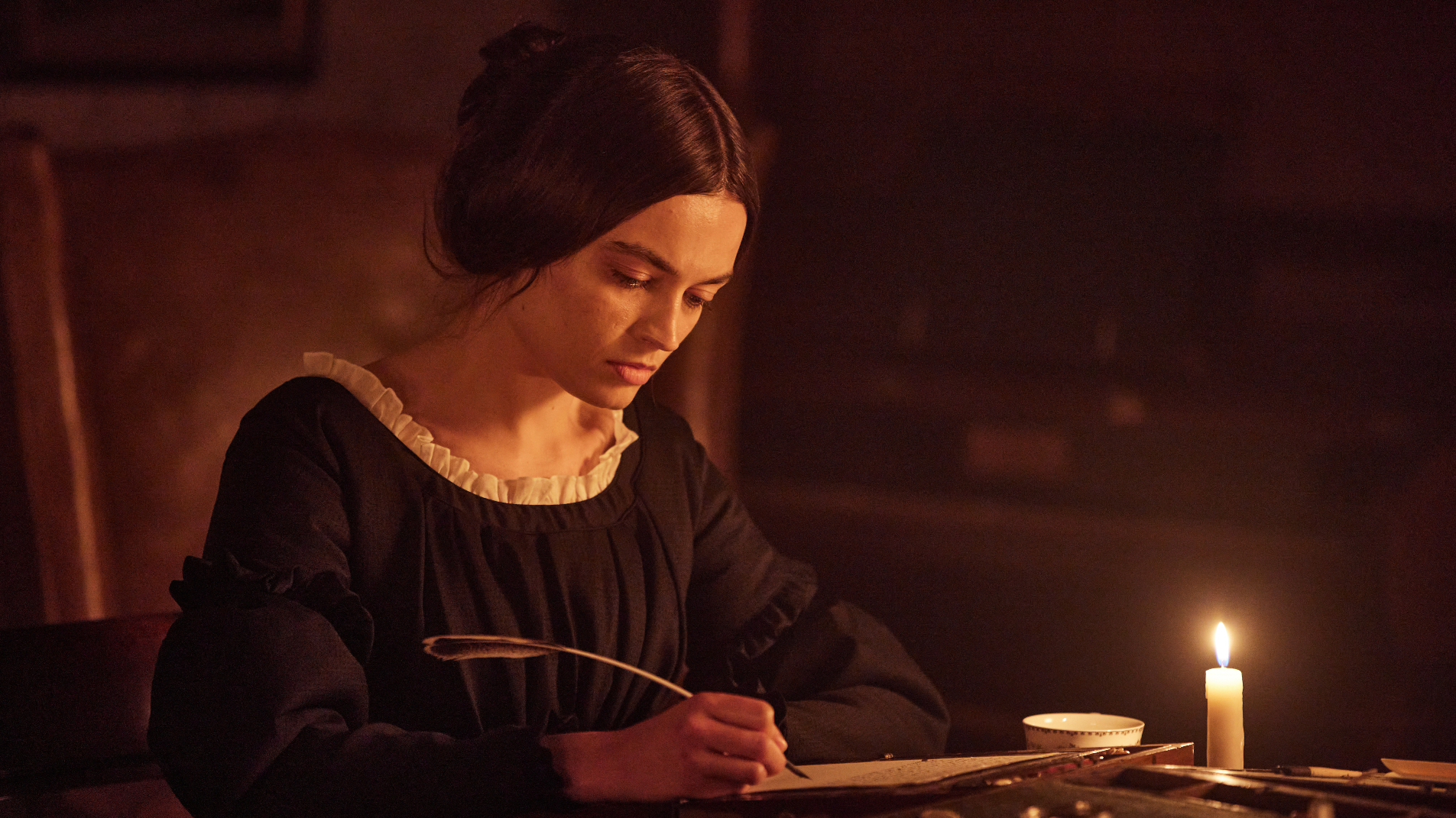 <em>Emily</em> speculates about the life of the 19th-century English writer Emily Jane Brontë (Emma Mackey) in the years before she wrote <em>Wuthering Heights.</em> (Bleecker Street)