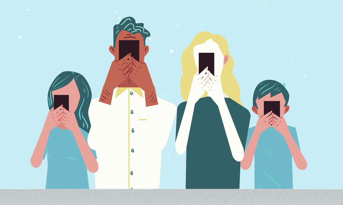 Illustration of young people holding their cell phones up to their face