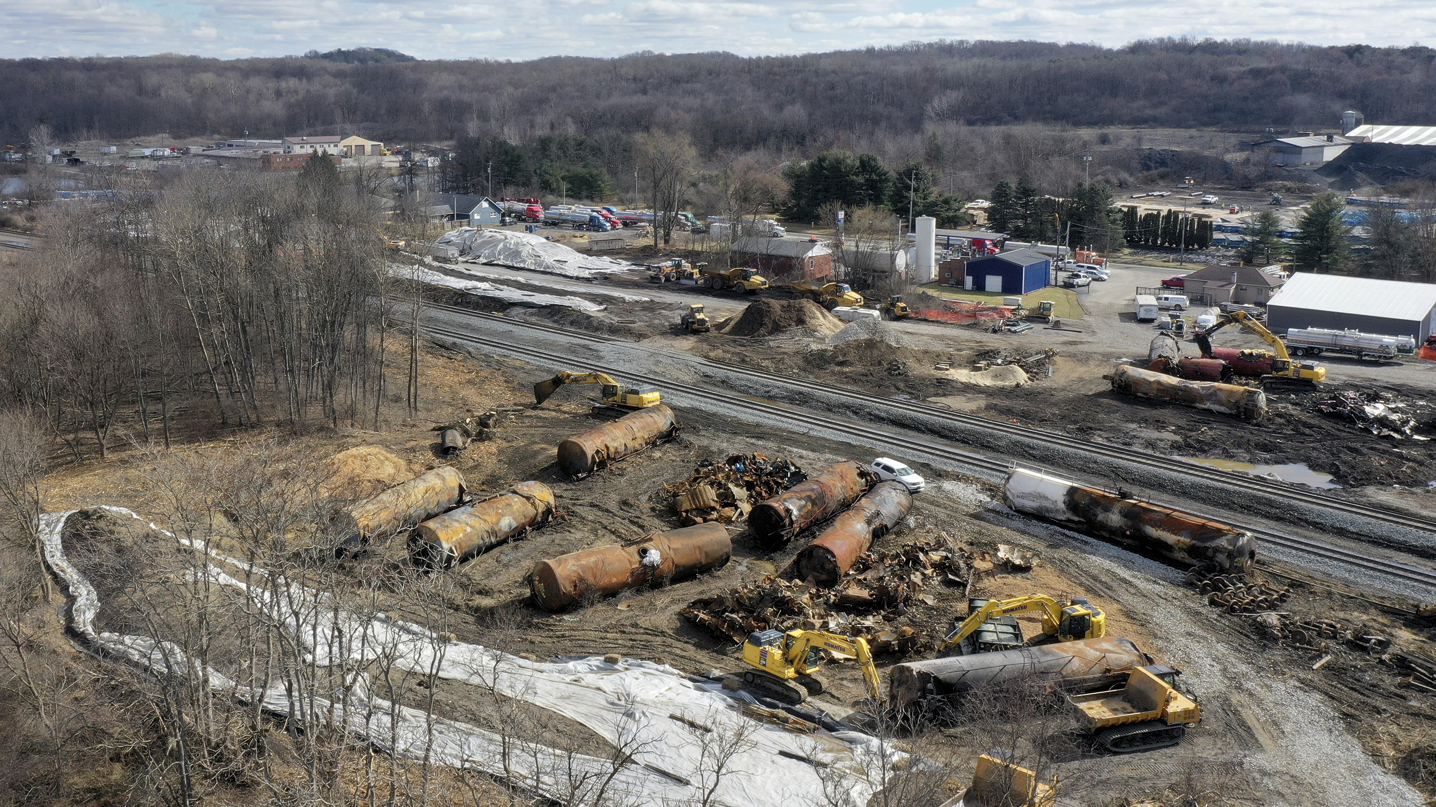 A view of the scene on Friday, as the cleanup continues at the site of of a Norfolk Southern freight train derailment that happened on Feb. 3 in East Palestine, Ohio.