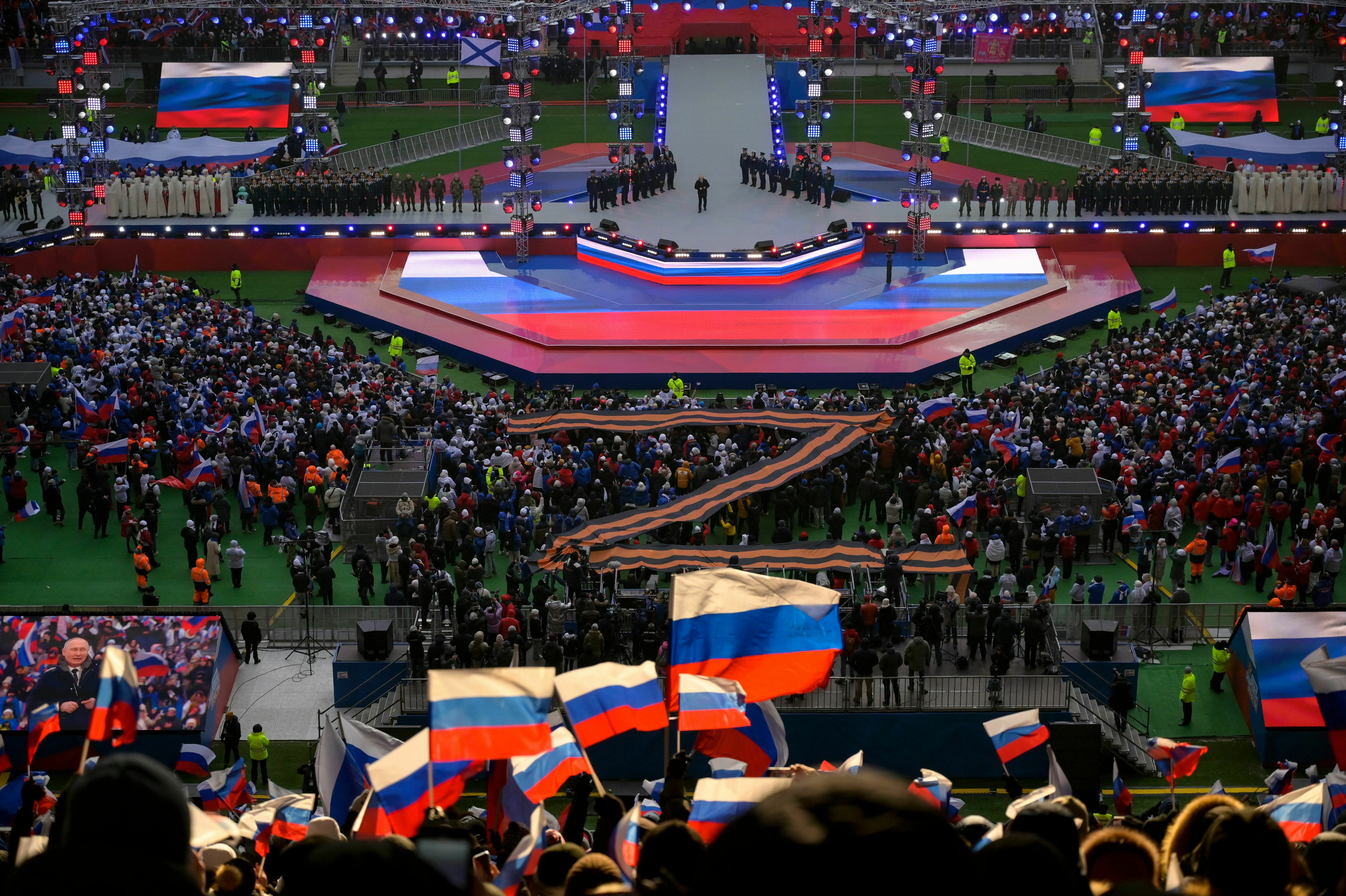 Russian President Vladimir Putin speaks during a patriotic concert in Moscow just ahead of the one-year anniversary of Russia's invasion of Ukraine on Feb. 22, 2023. (AFP via Getty Images)