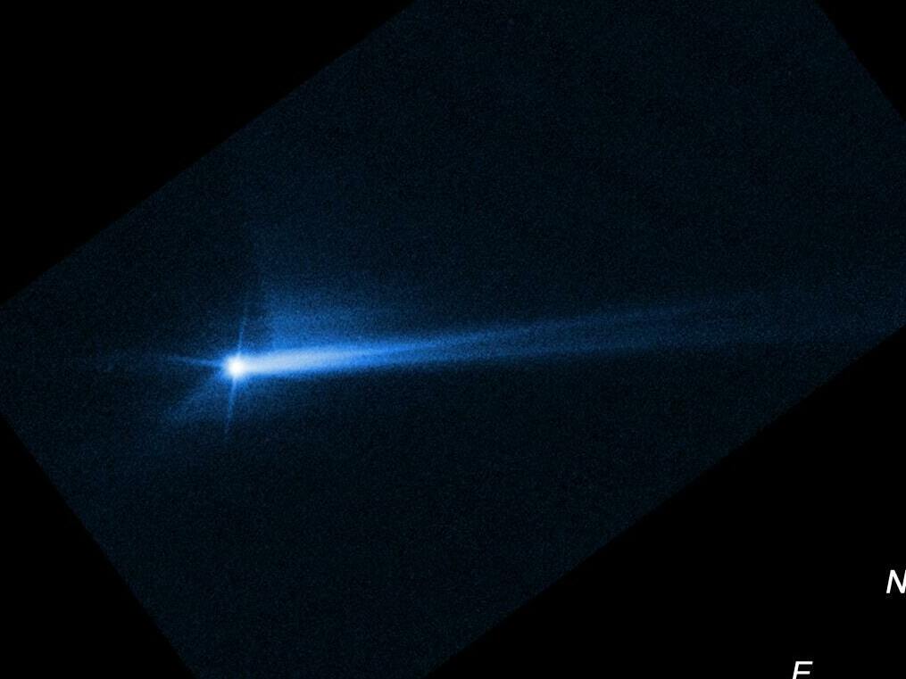 This imagery from NASA's Hubble Space Telescope shows the debris blasted from the surface of Dimorphos 285 hours after NASA's DART spacecraft smashed into the asteroid's surface. (NASA/ESA/STScI/Hubble)