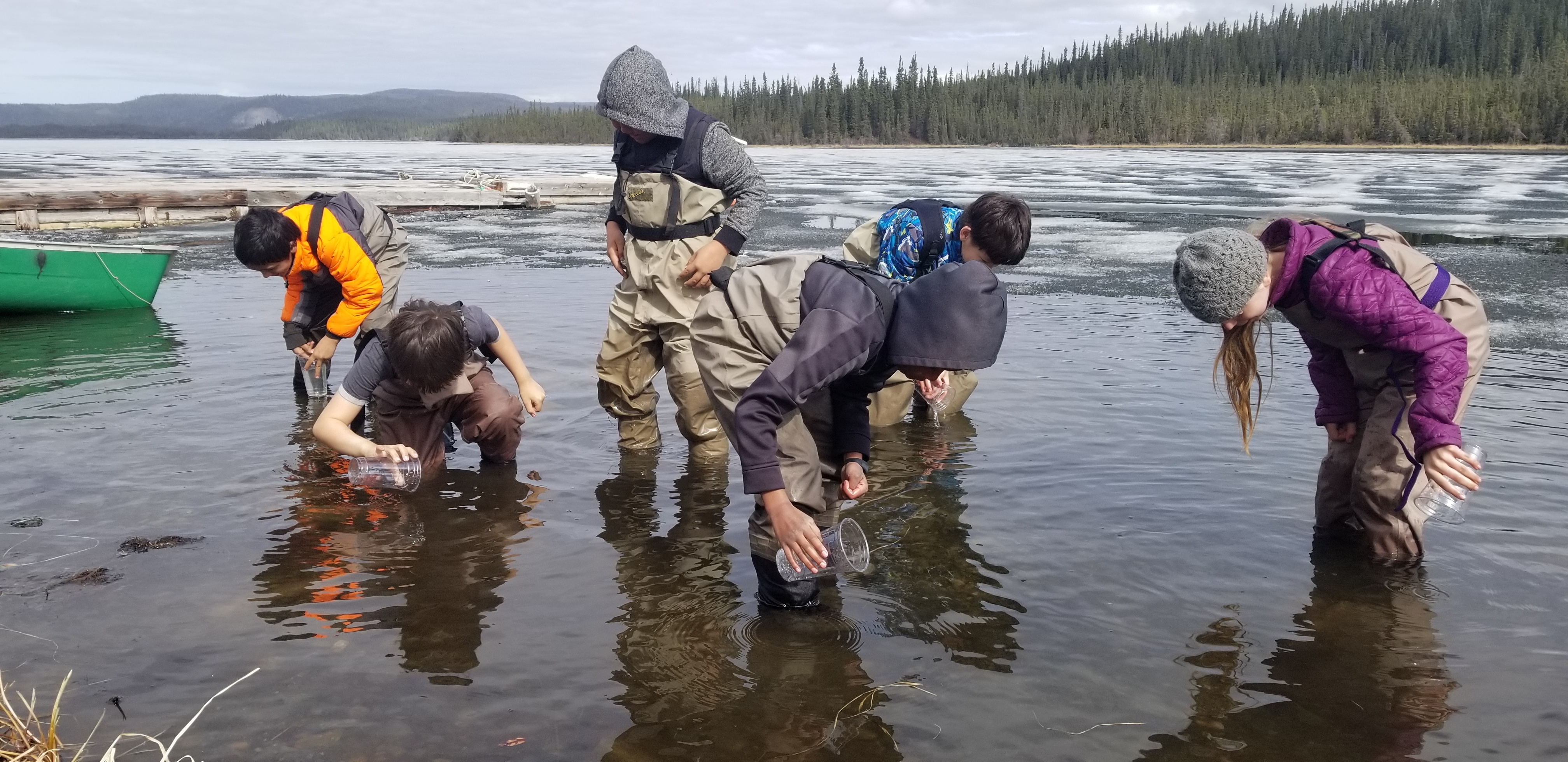 Students releasing salmon into the lake on the Salmon Field Trip. (Jennifer Hodges)
